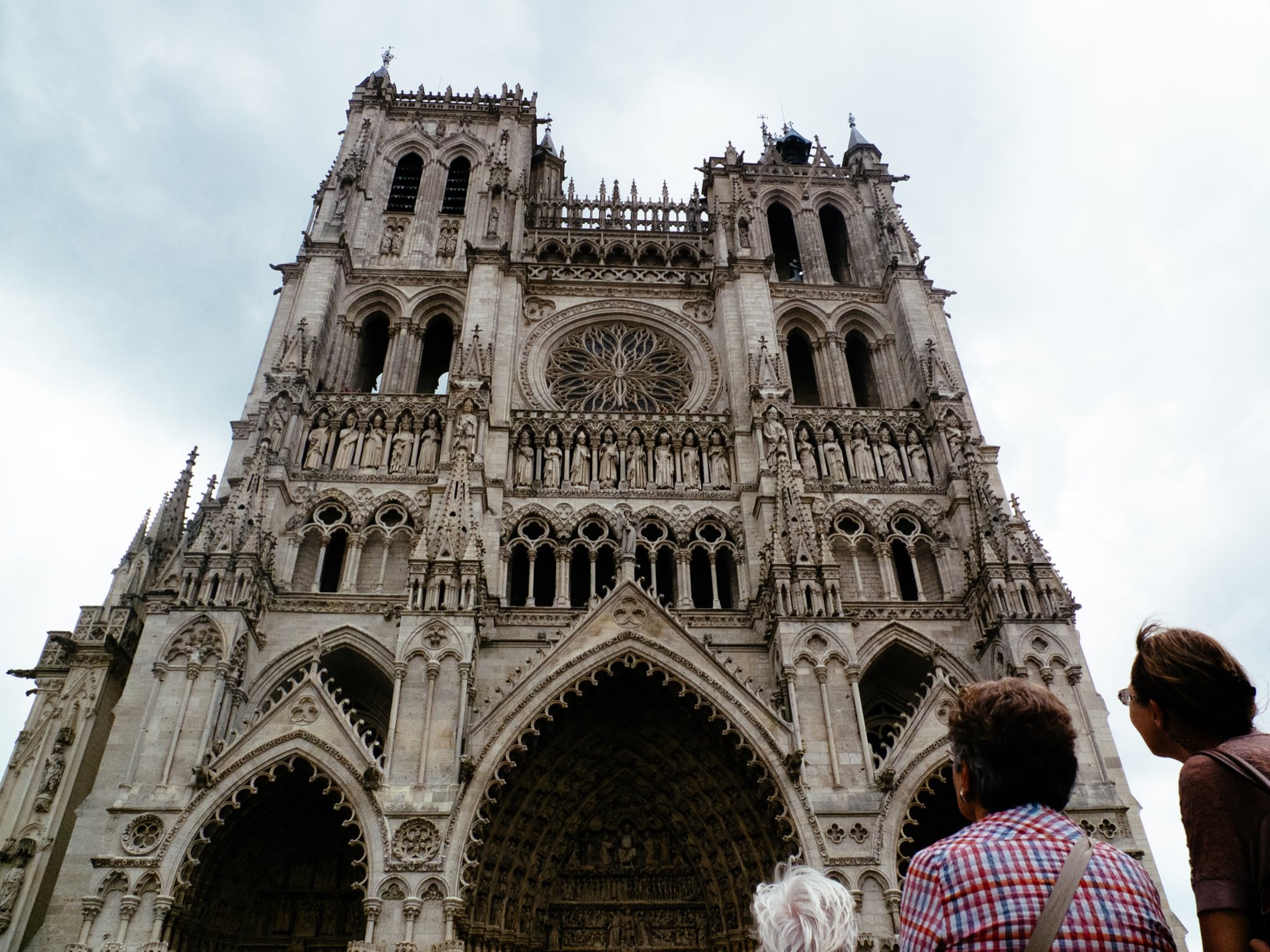 Amiens Cathedral in France, low angle view of the facade.