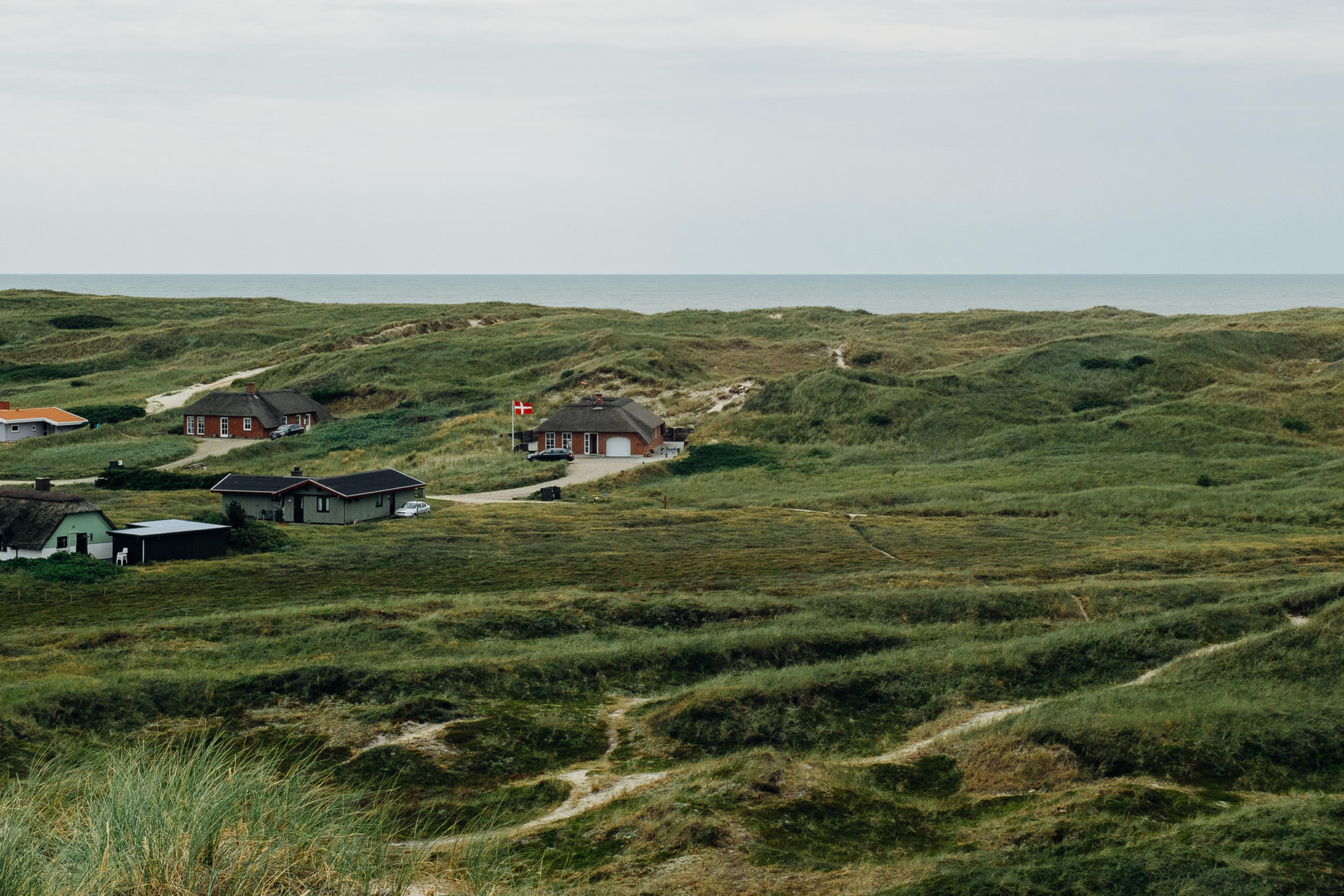 Danish holiday homes nestled in grassy dunes overlooking the sea.
