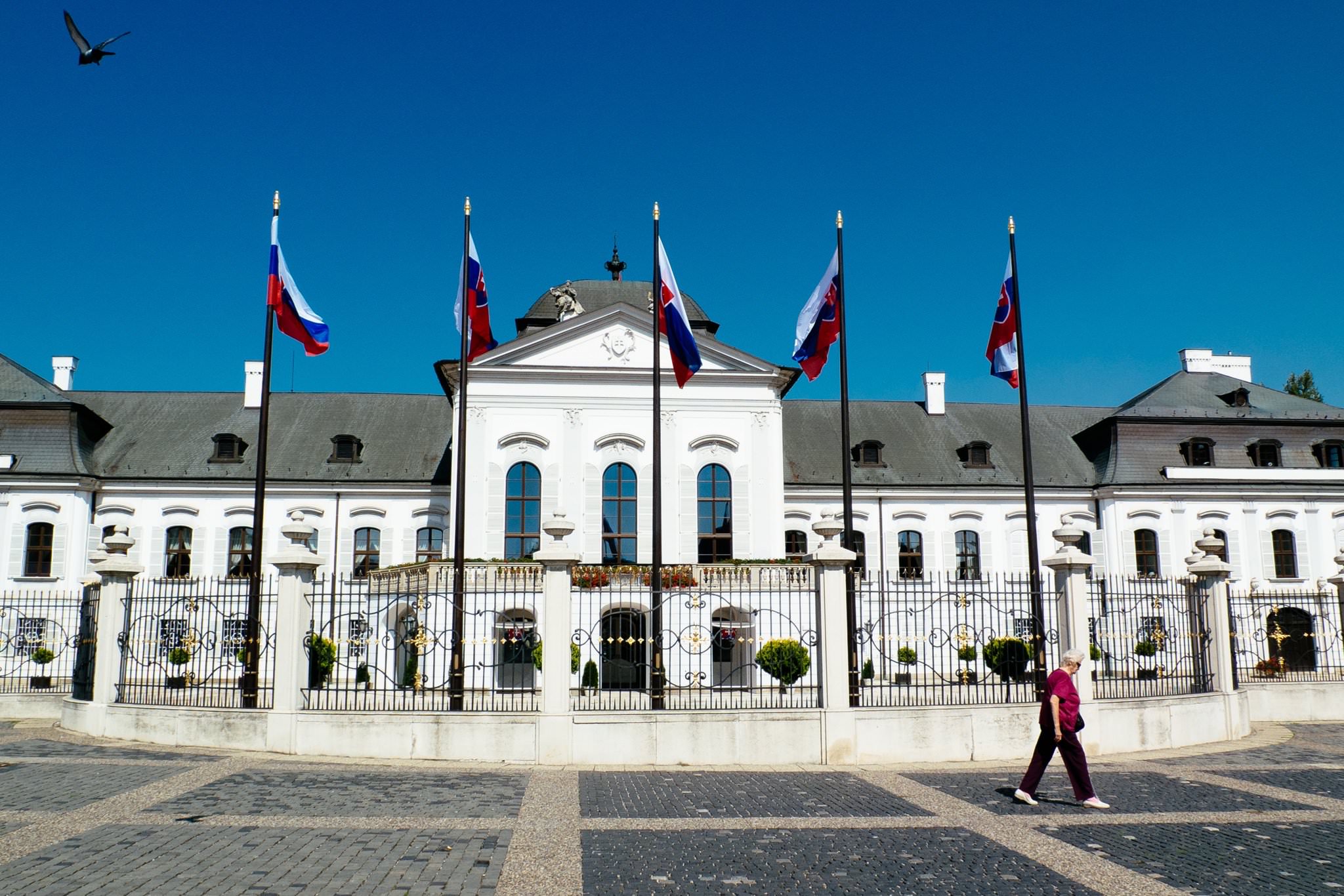 Grassalkovich Palace in Bratislava, Slovakia, with Slovak flags.