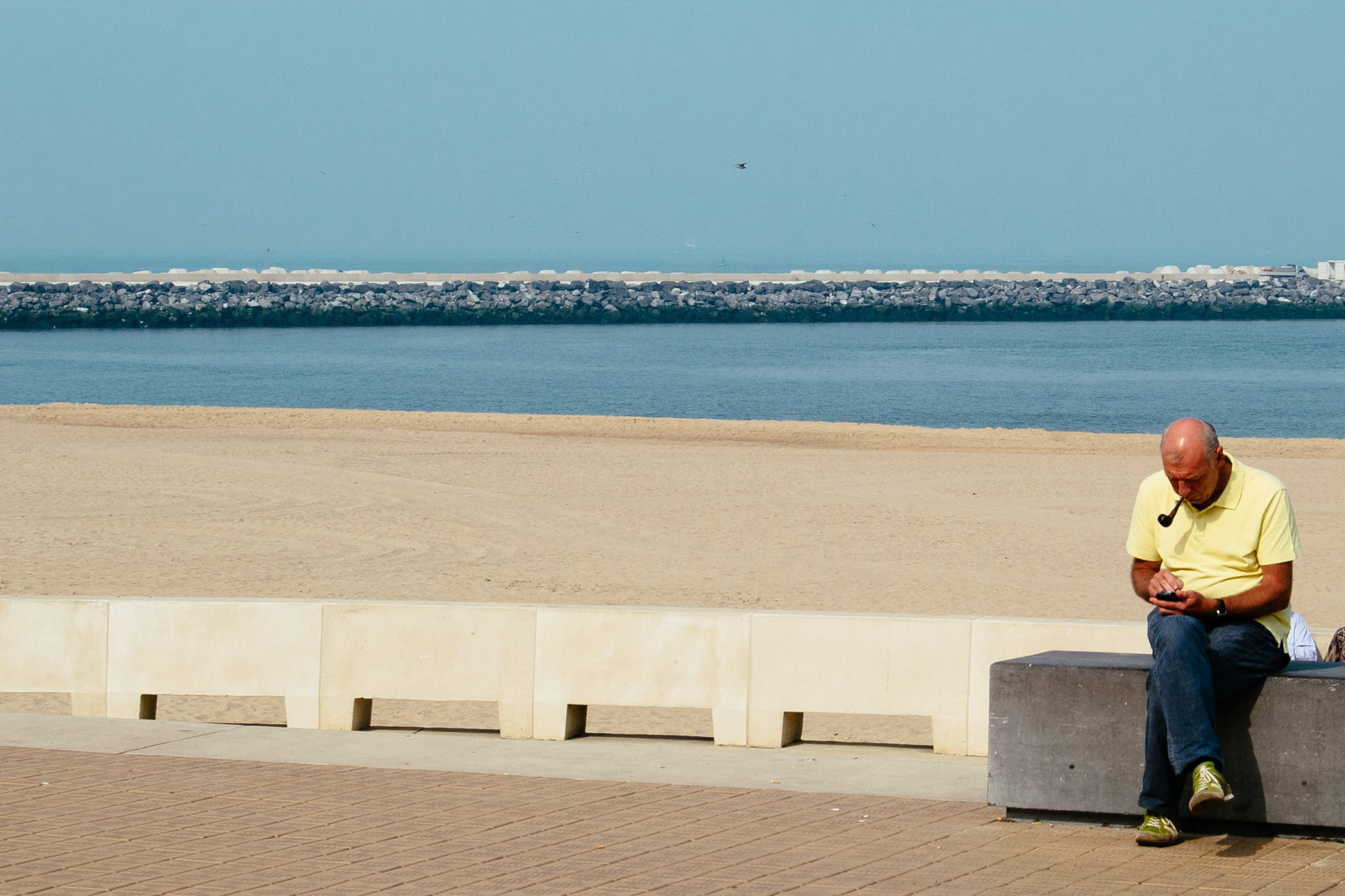 Man sitting on a bench at the beach, looking at his phone.