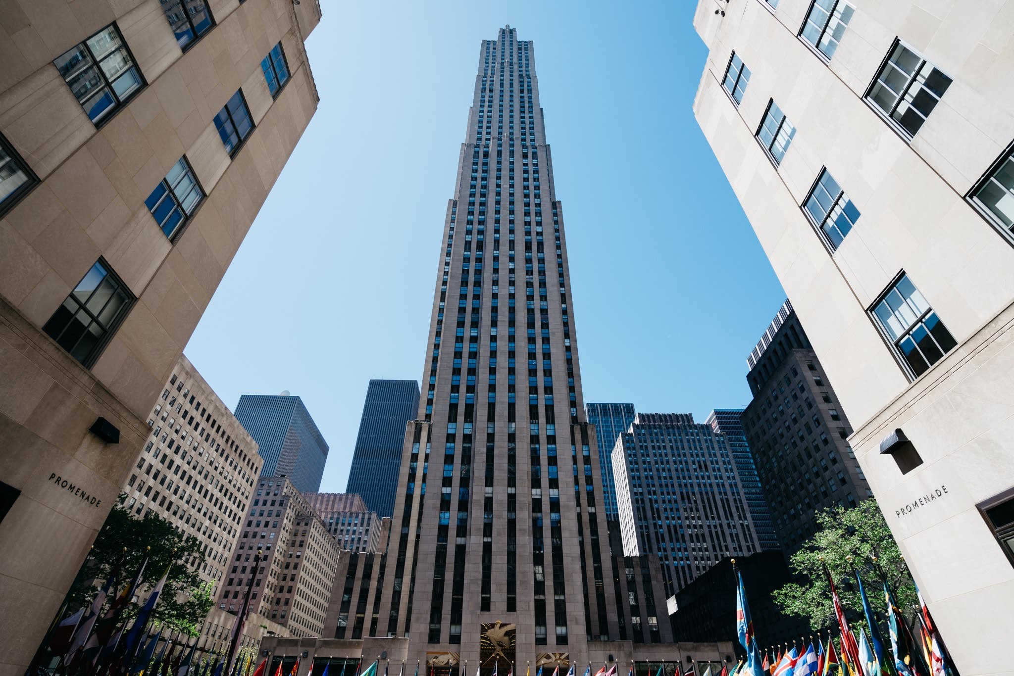 Low-angle view of Rockefeller Center's main building in New York City.