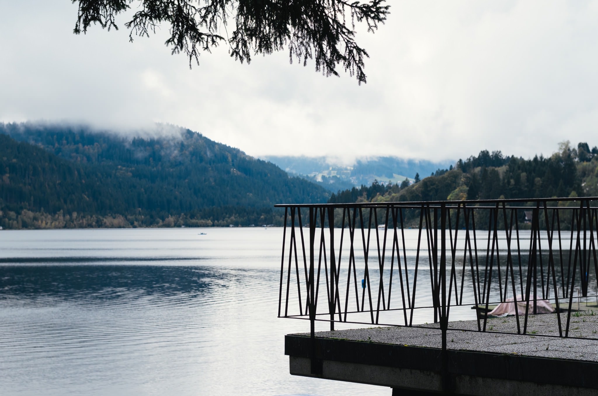 Lake Titisee view from a balcony with a metal railing, Black Forest, Germany.