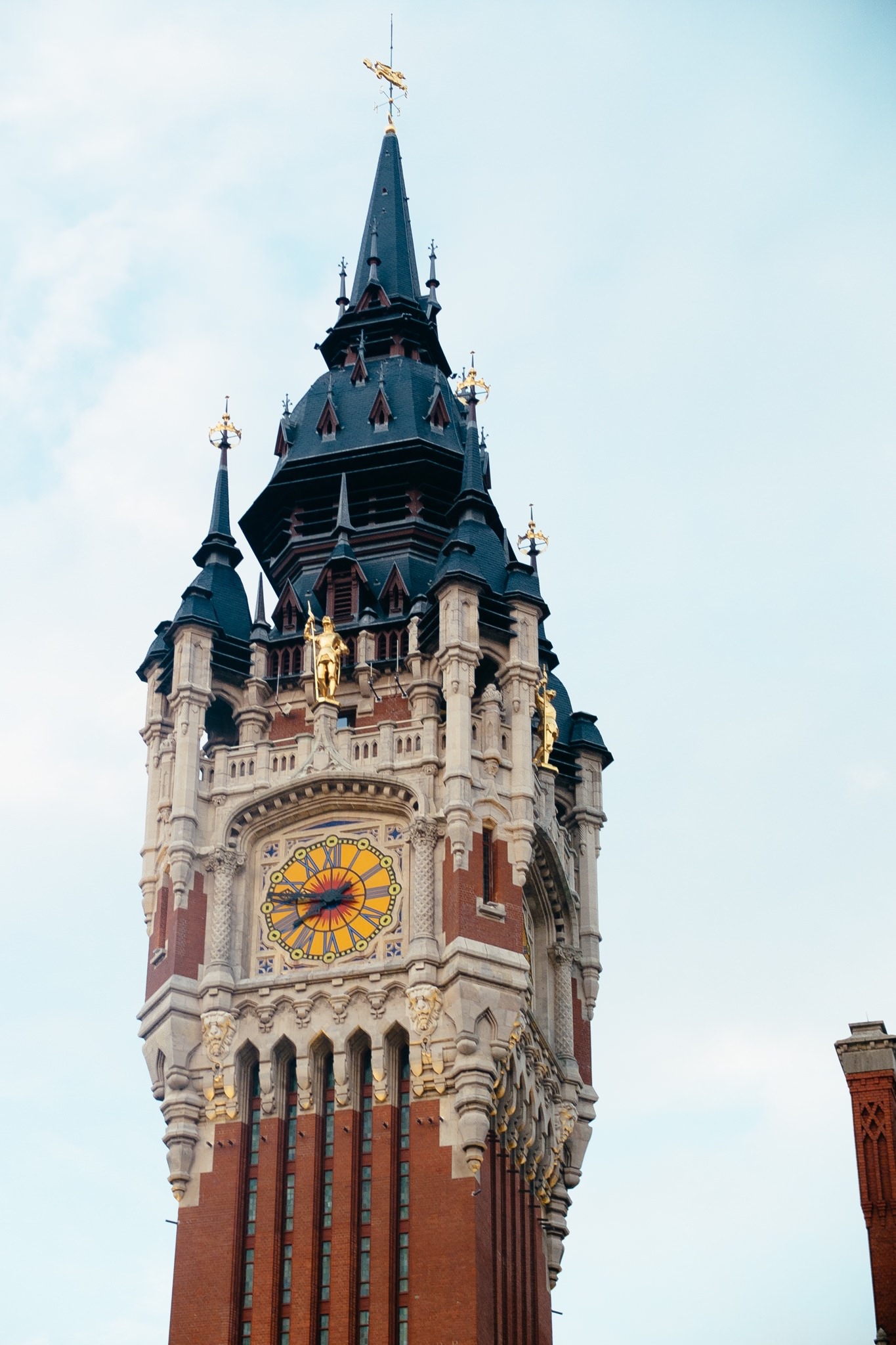 Calais town hall clock tower detail.