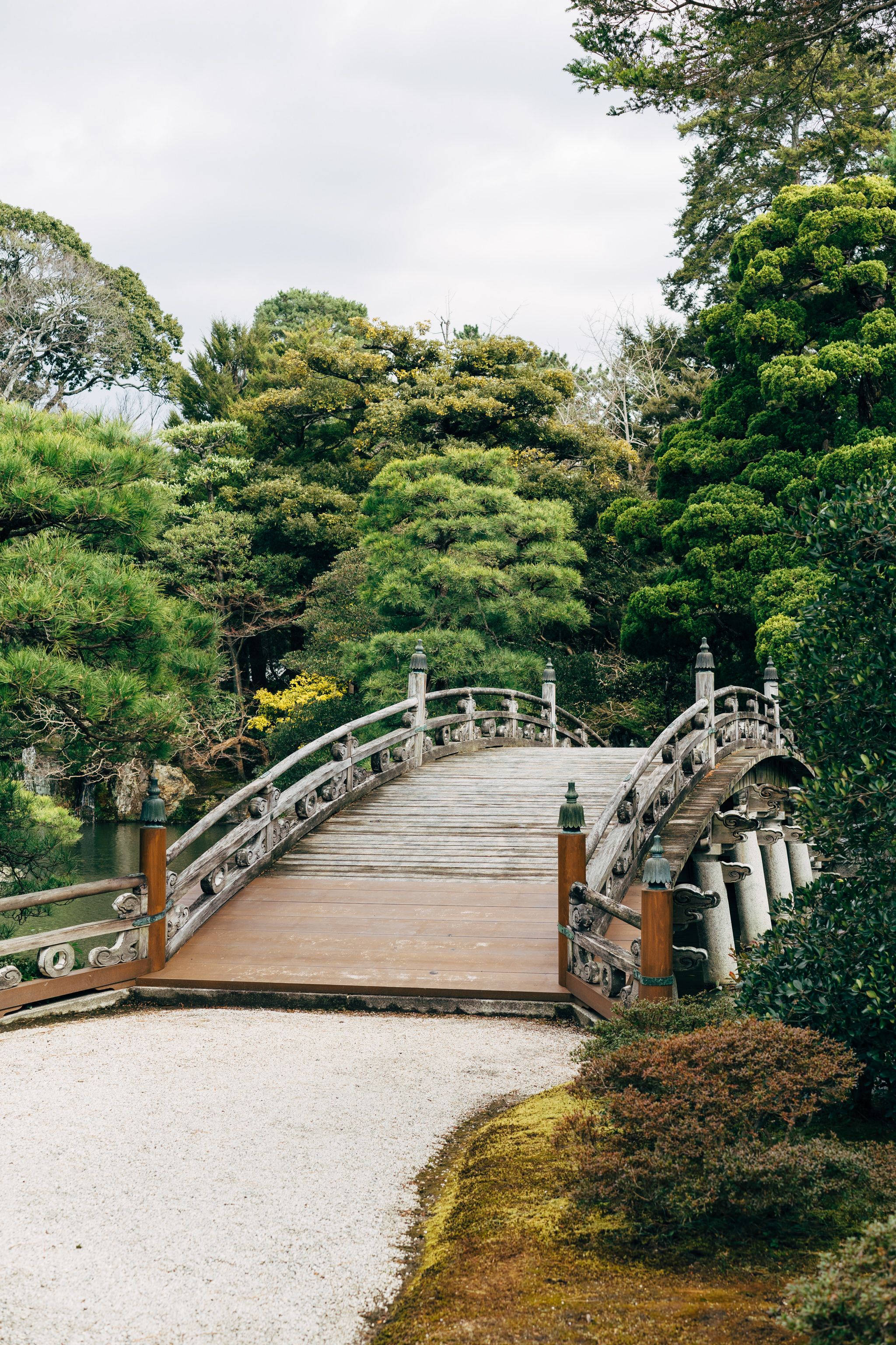 Wooden bridge in Kyoto Imperial Palace Garden.
