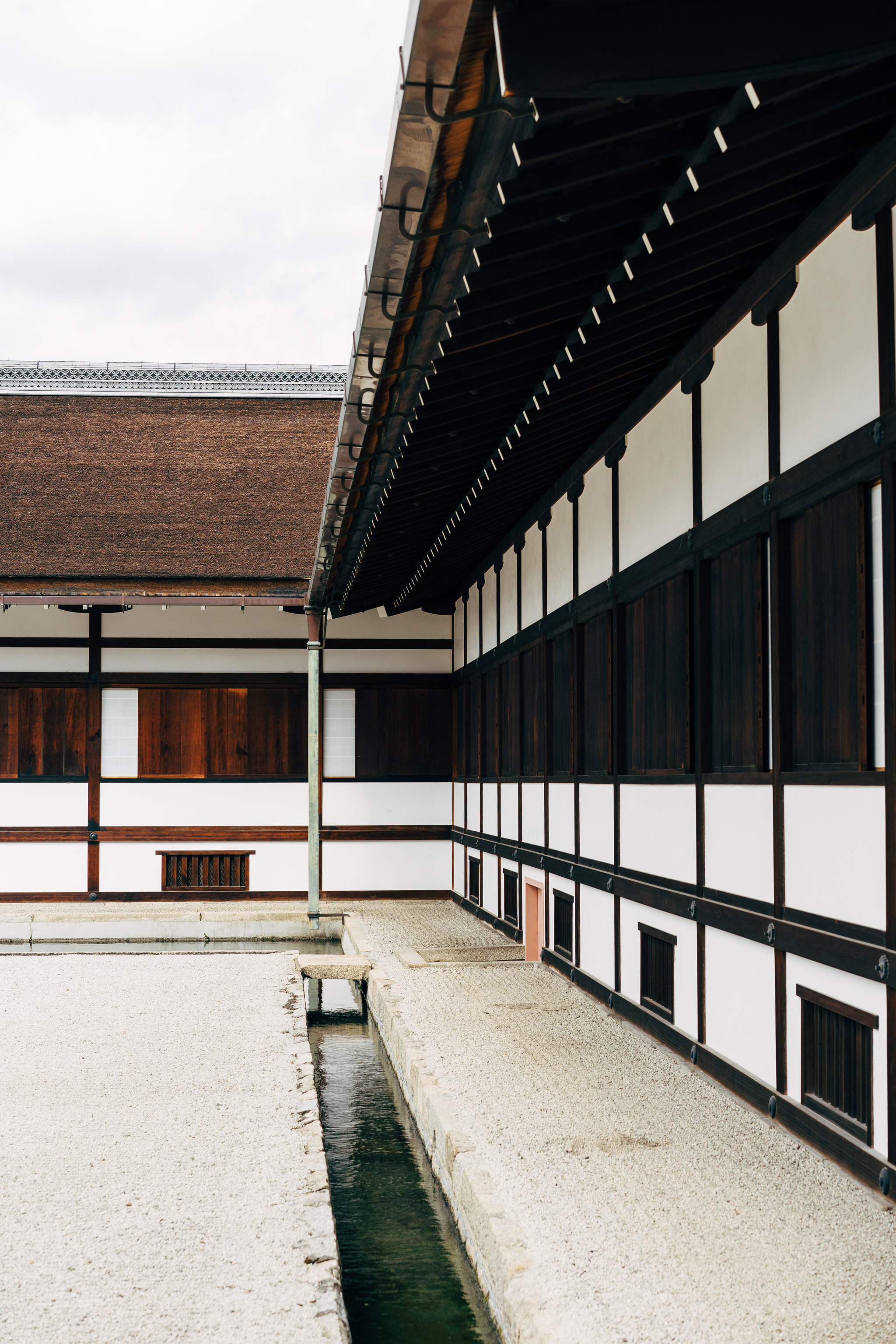 Kyoto Gosho palace exterior with gravel courtyard and water channel.