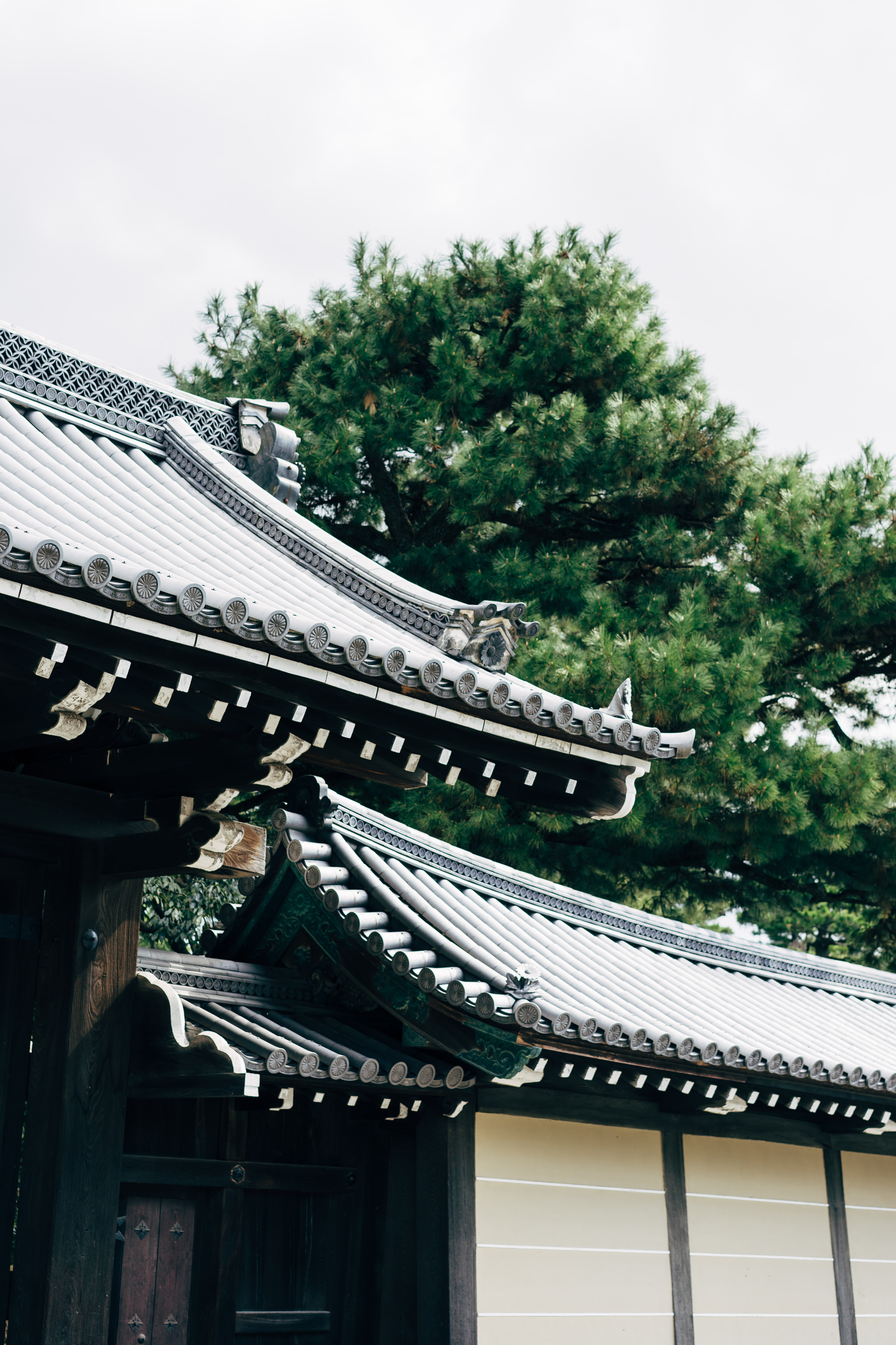 Close-up of a traditional Japanese roof and wall with ornate detailing.