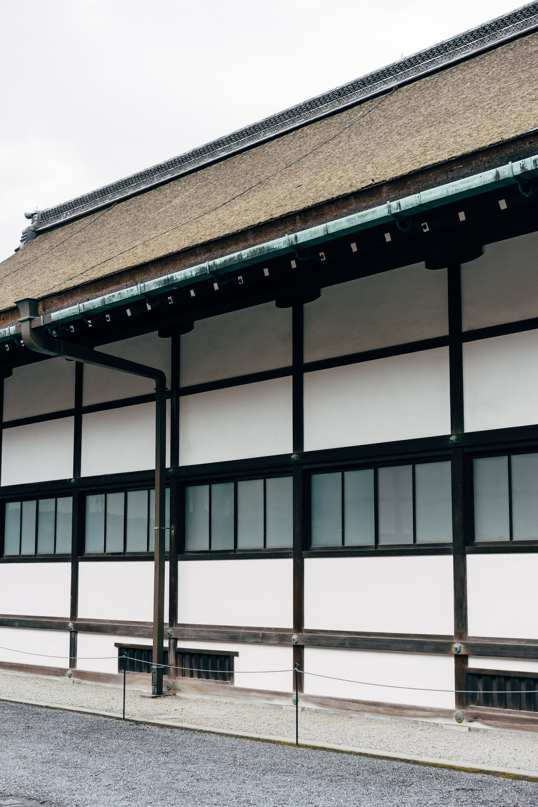 Kyoto Imperial Palace exterior wall with thatched roof.