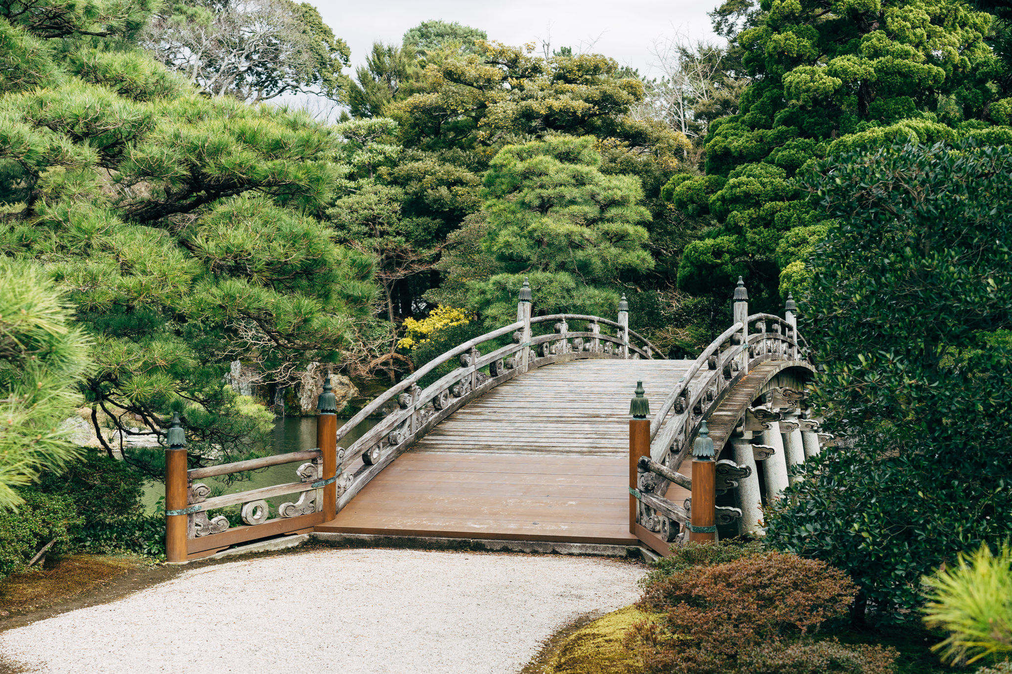 Wooden bridge in a Kyoto garden.