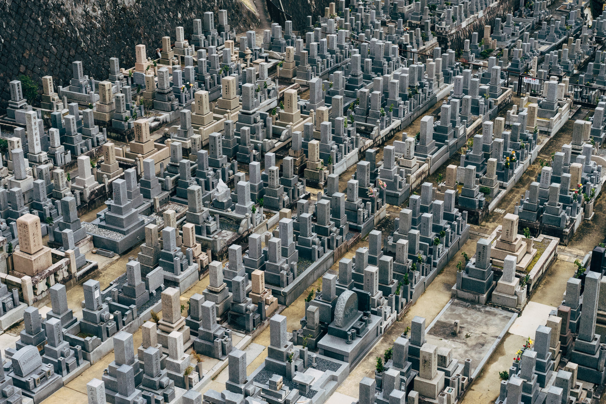 Aerial view of a densely packed Japanese cemetery with numerous gray stone gravestones.
