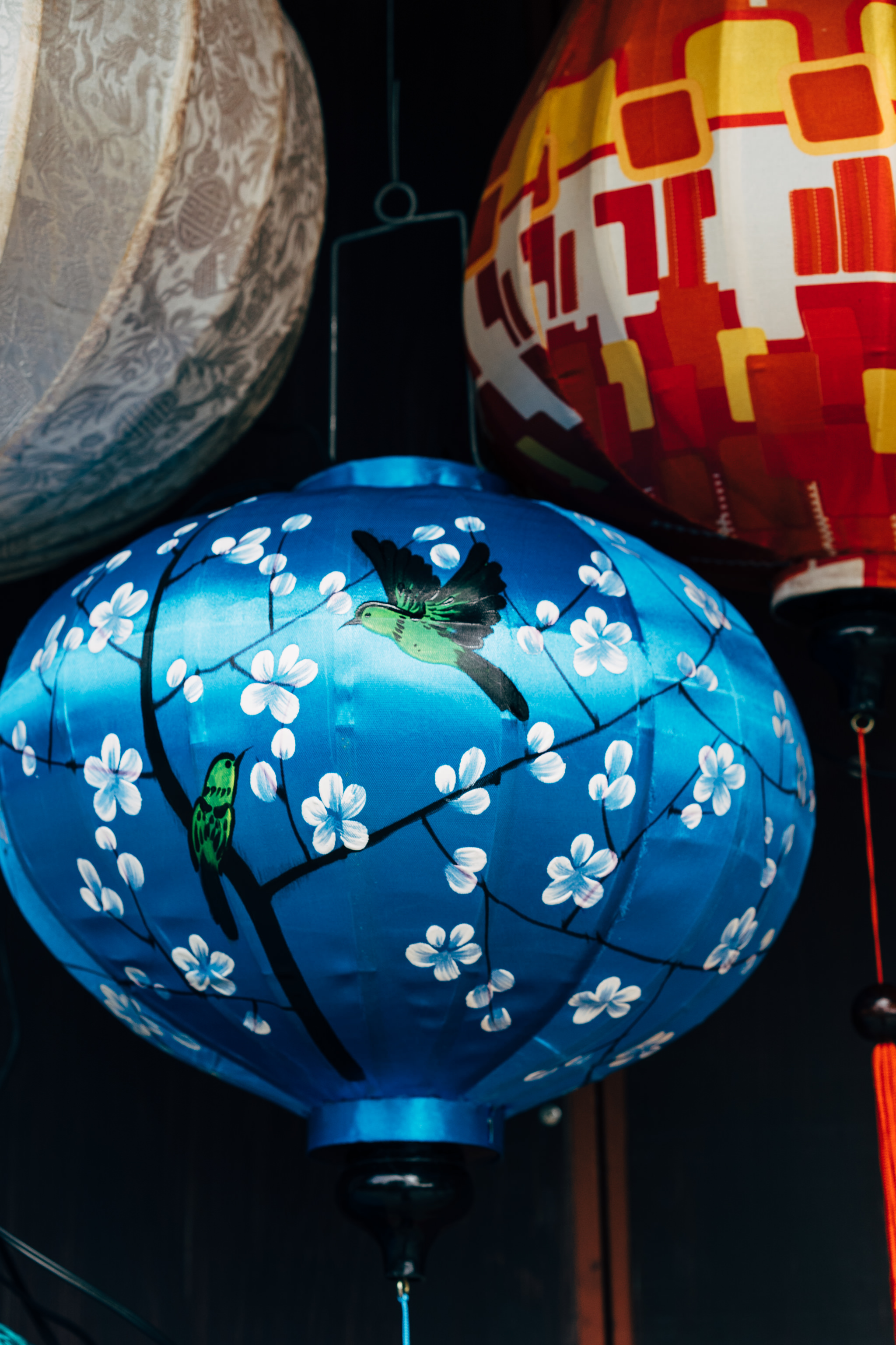 Blue silk lantern with painted birds and flowers, hanging amongst other lanterns.