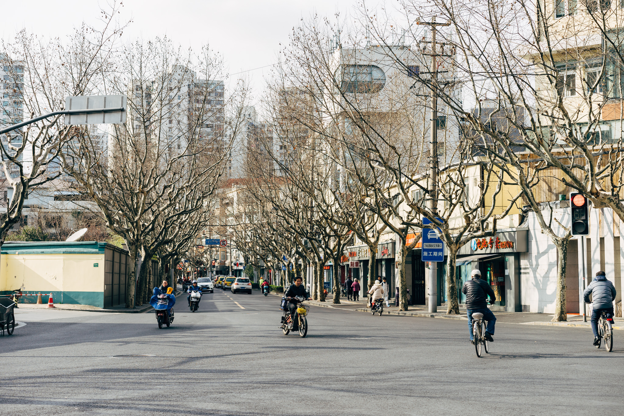 Shanghai street scene with bare trees, people on scooters and bicycles, and buildings in the background.