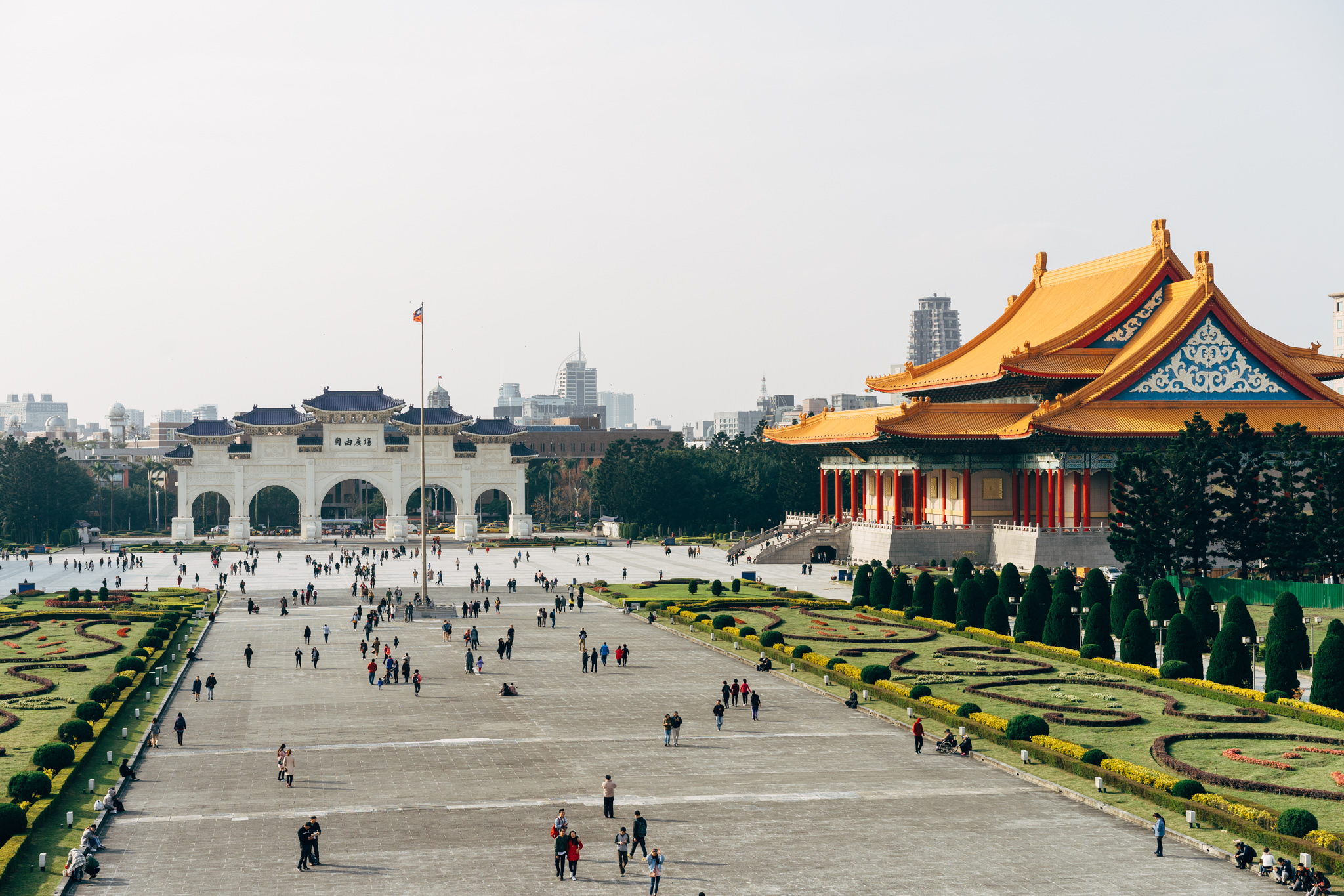 Aerial view of Liberty Square in Taipei, featuring the Chiang Kai-shek Memorial Hall and the archway.
