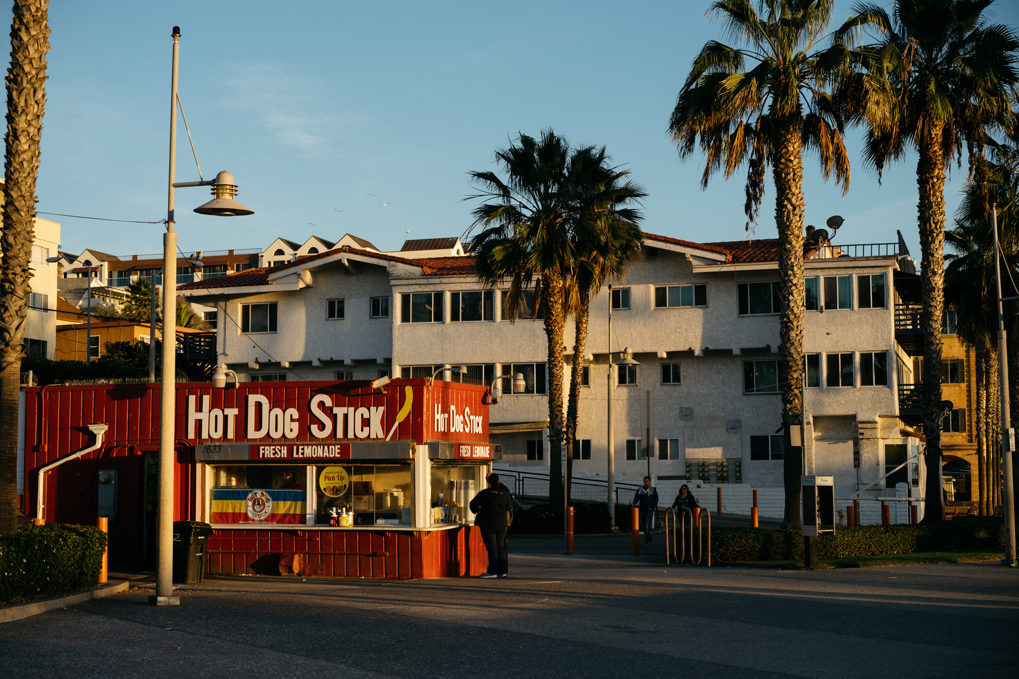 Hot Dog Stick stand in California at sunset.