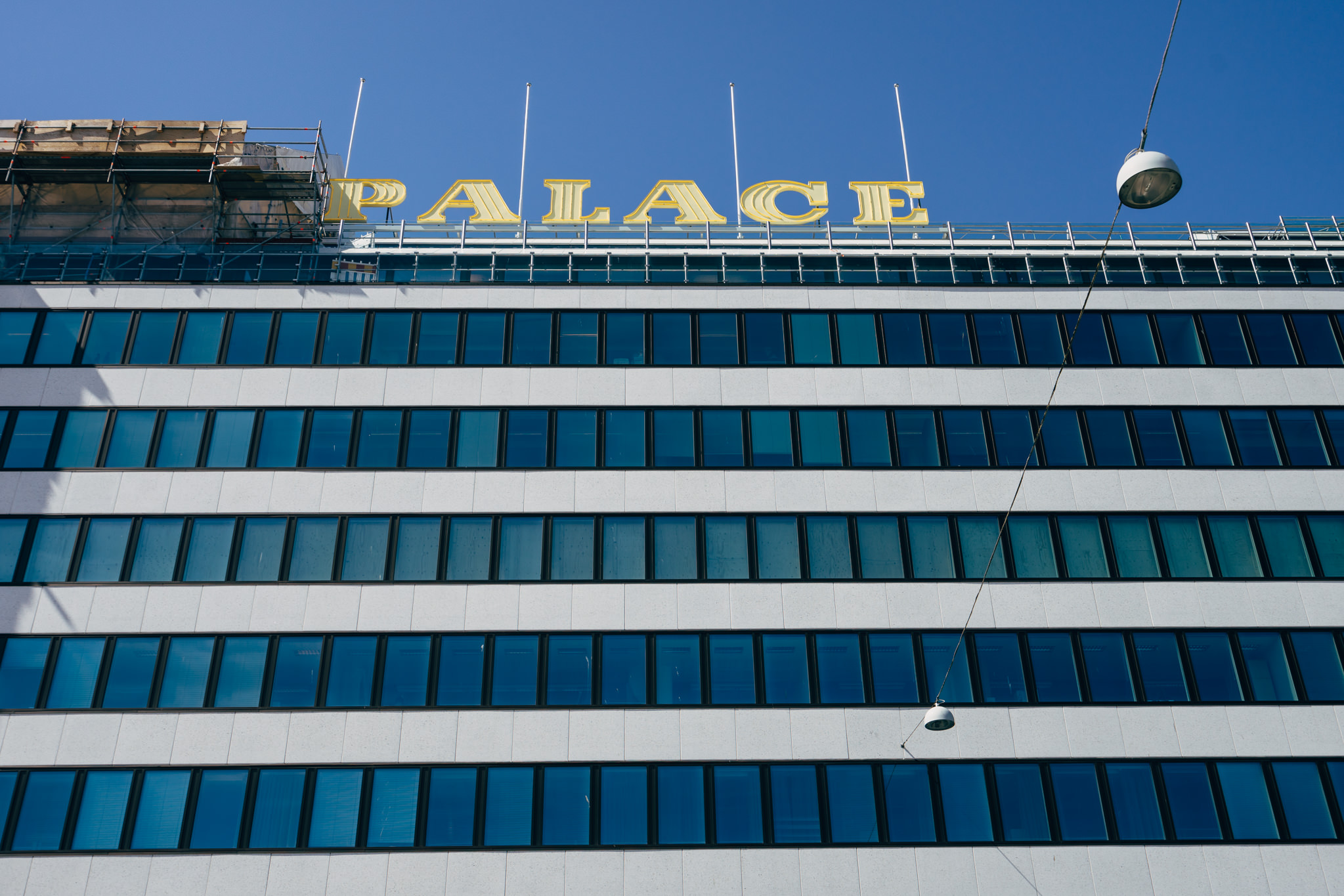 Palace Hotel, Helsinki, building exterior with yellow sign.