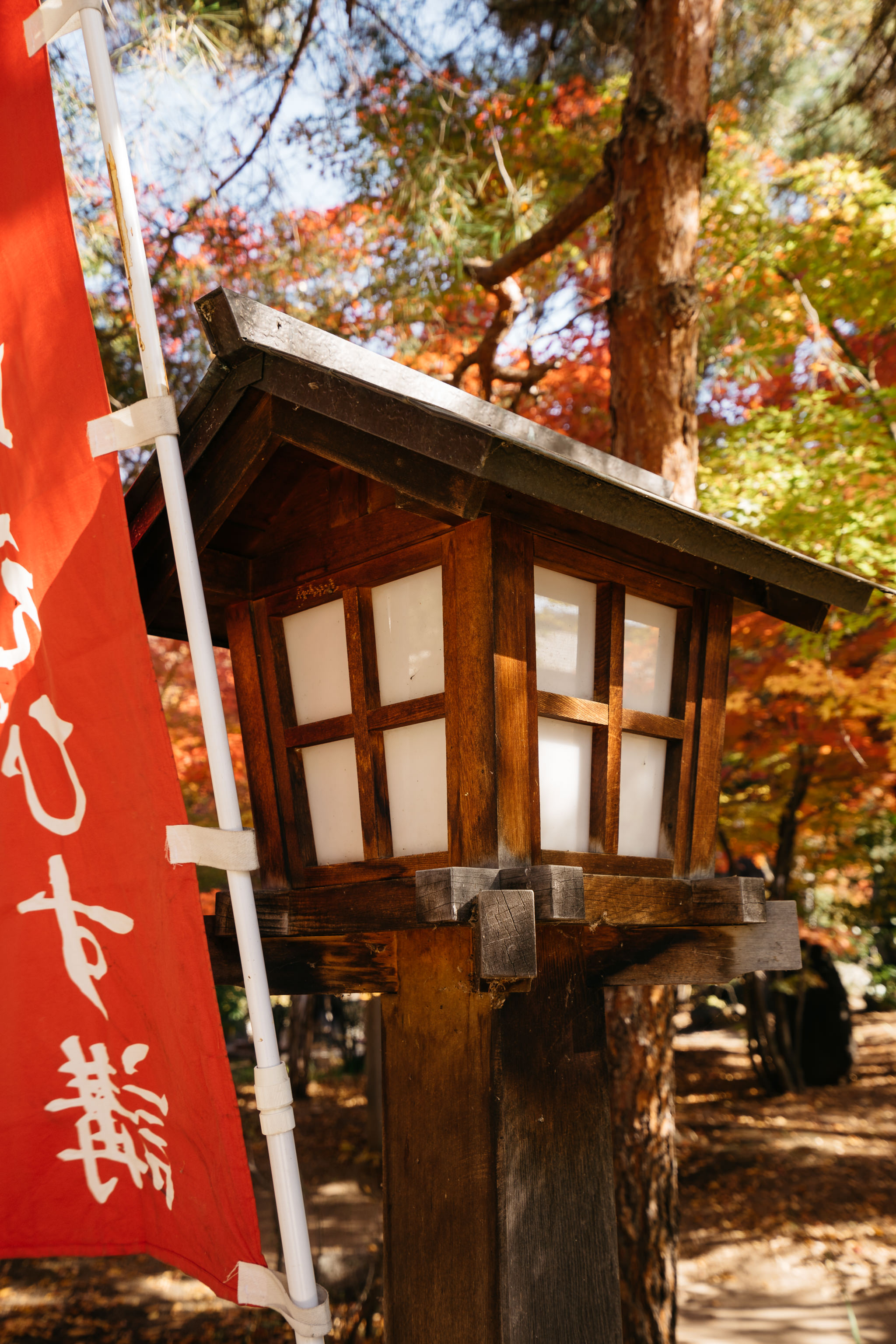 Wooden lantern with white paper panels, next to a red flag with white Japanese characters, in a garden with autumn foliage.