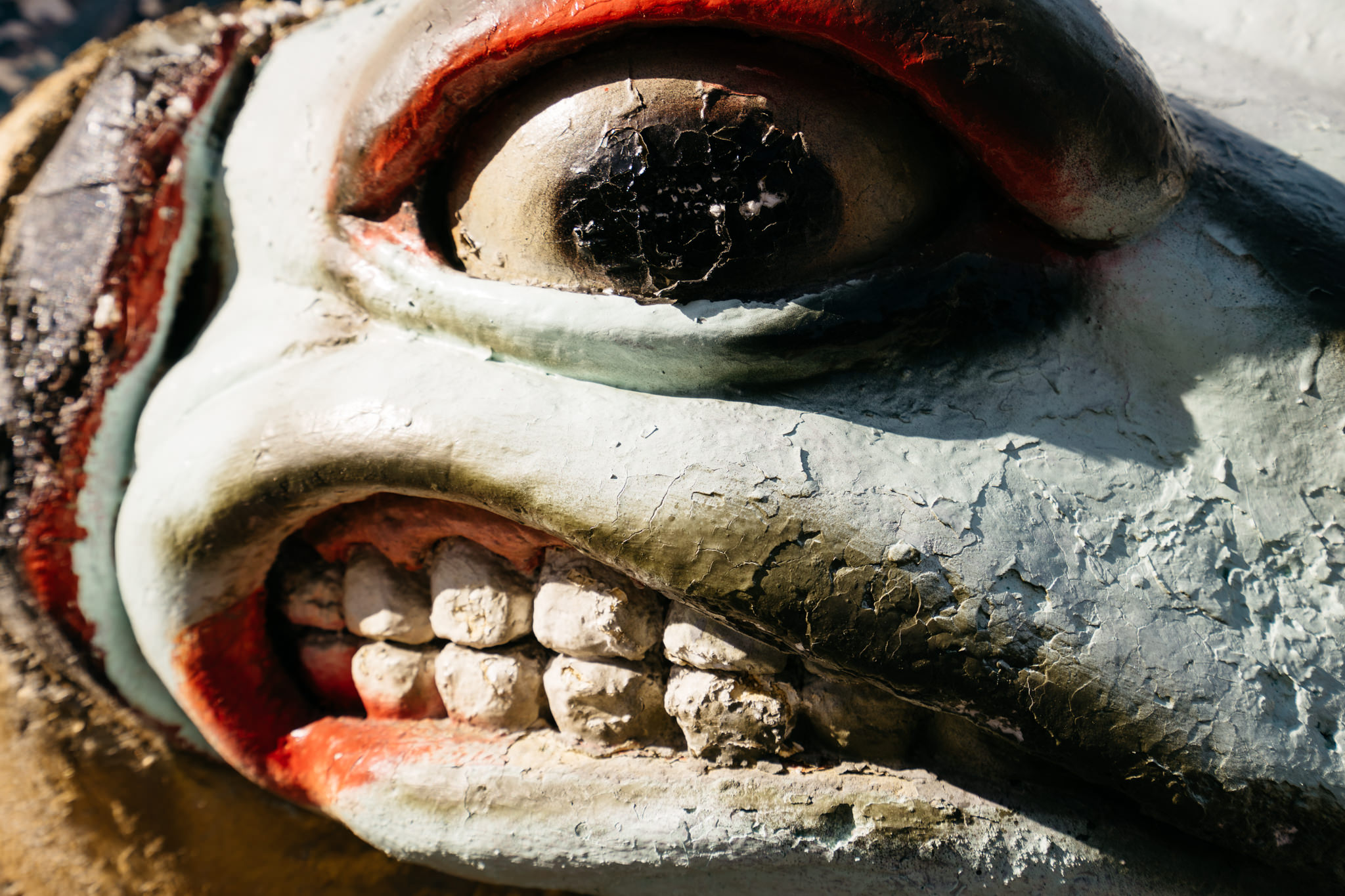 Close-up of a weathered statue's face, showing a large eye and teeth.