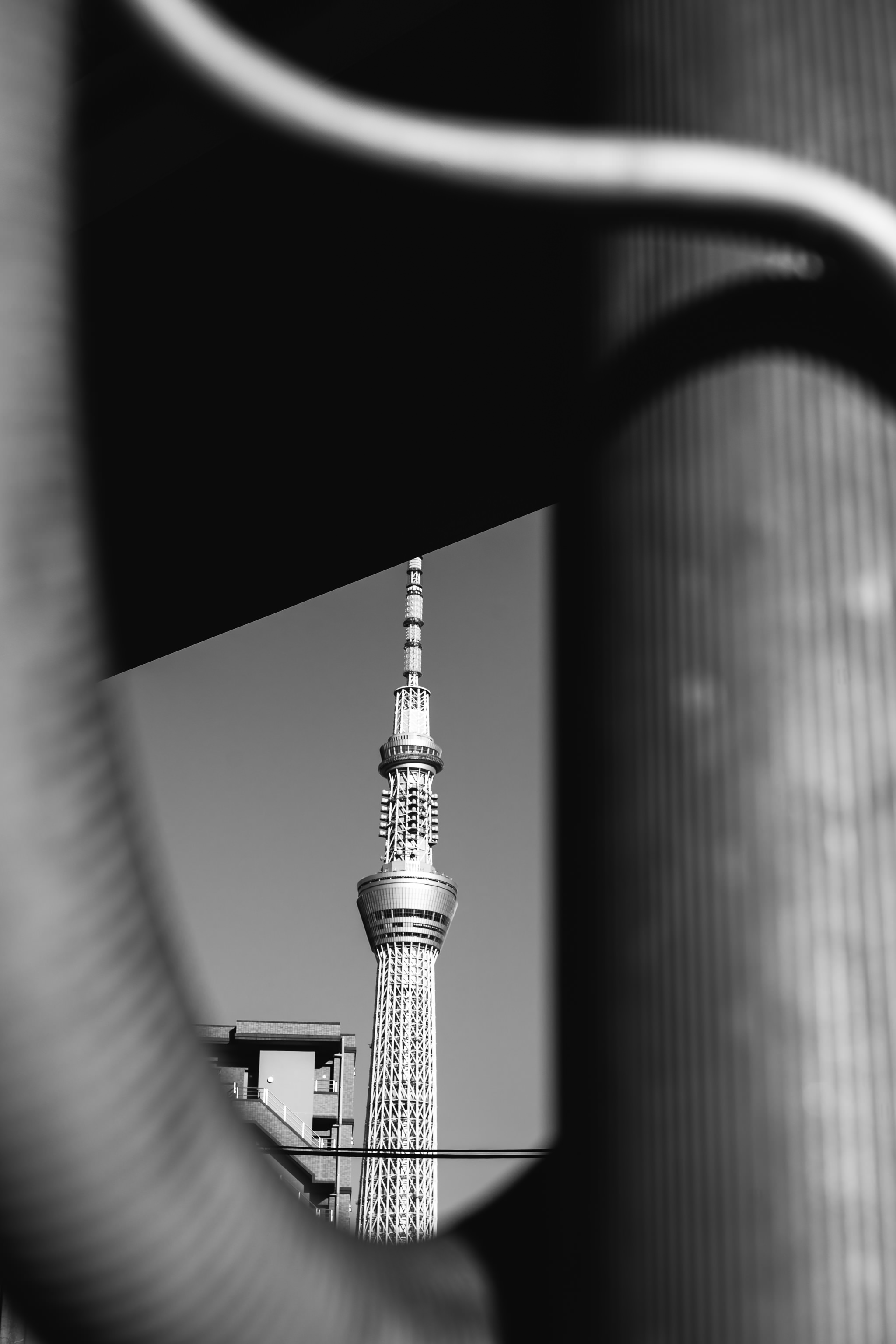 Tokyo Skytree viewed through a metal structure.