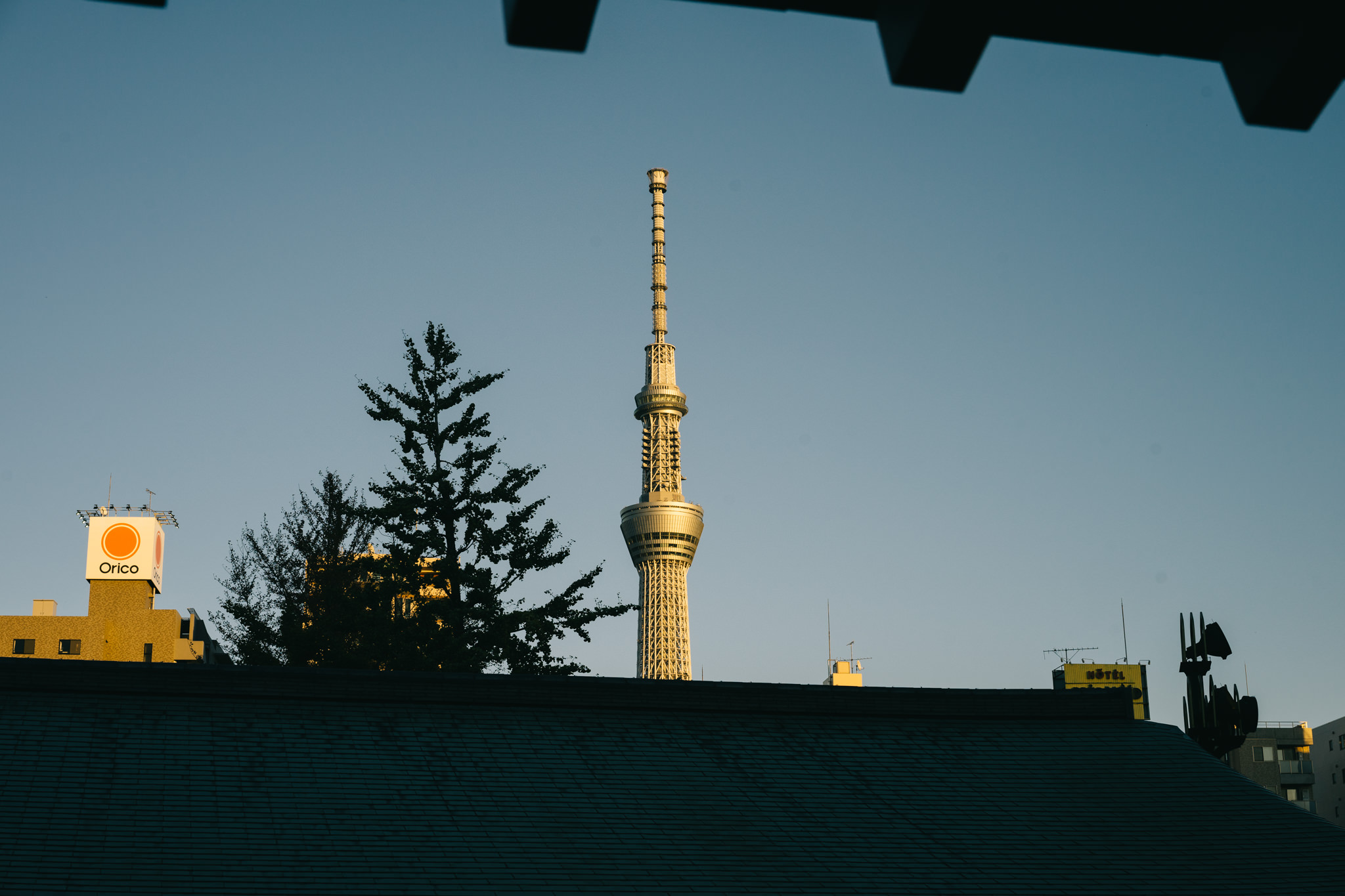 Tokyo Skytree at sunset, viewed from behind a roof.