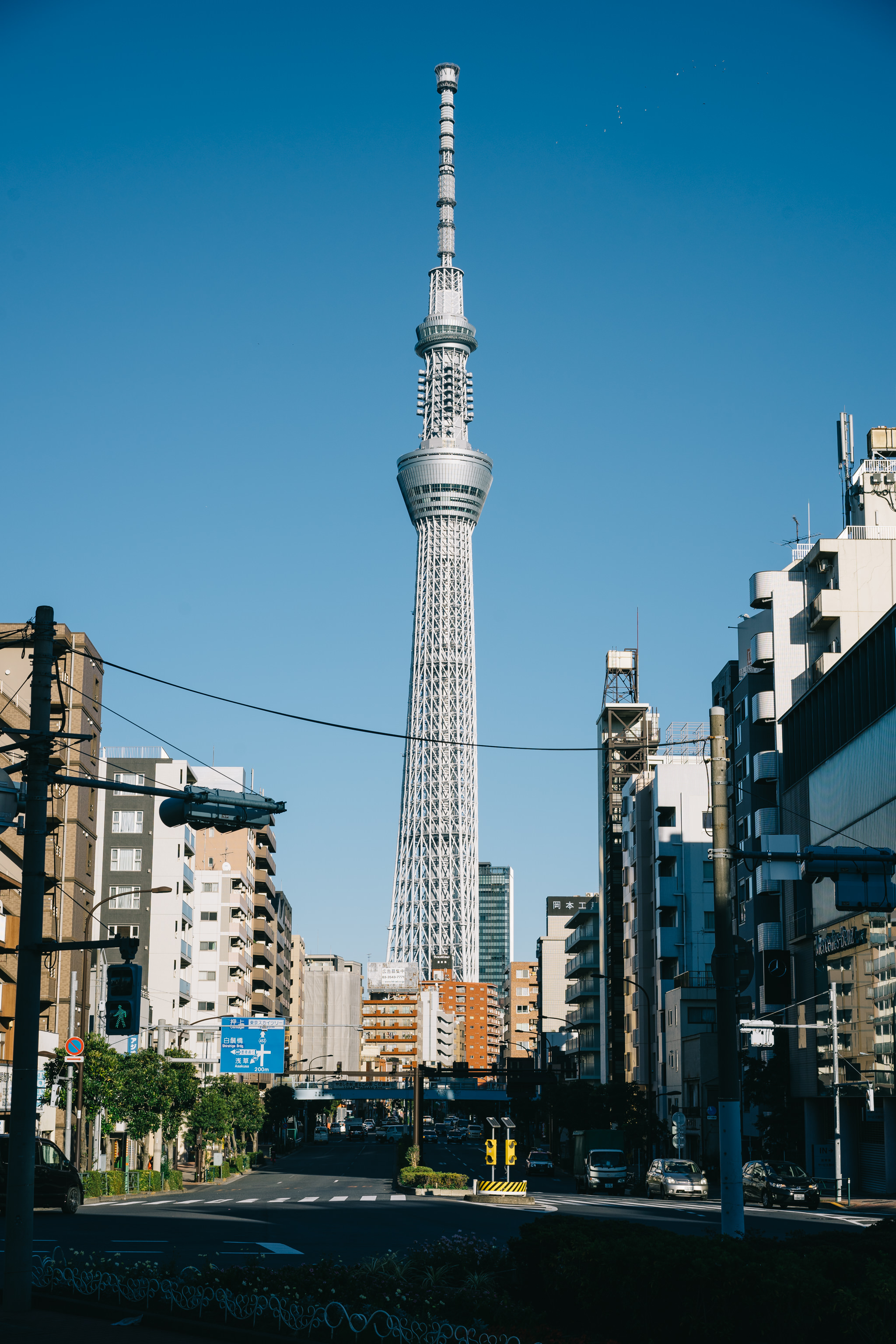 Tokyo Skytree tower viewed from a city street.