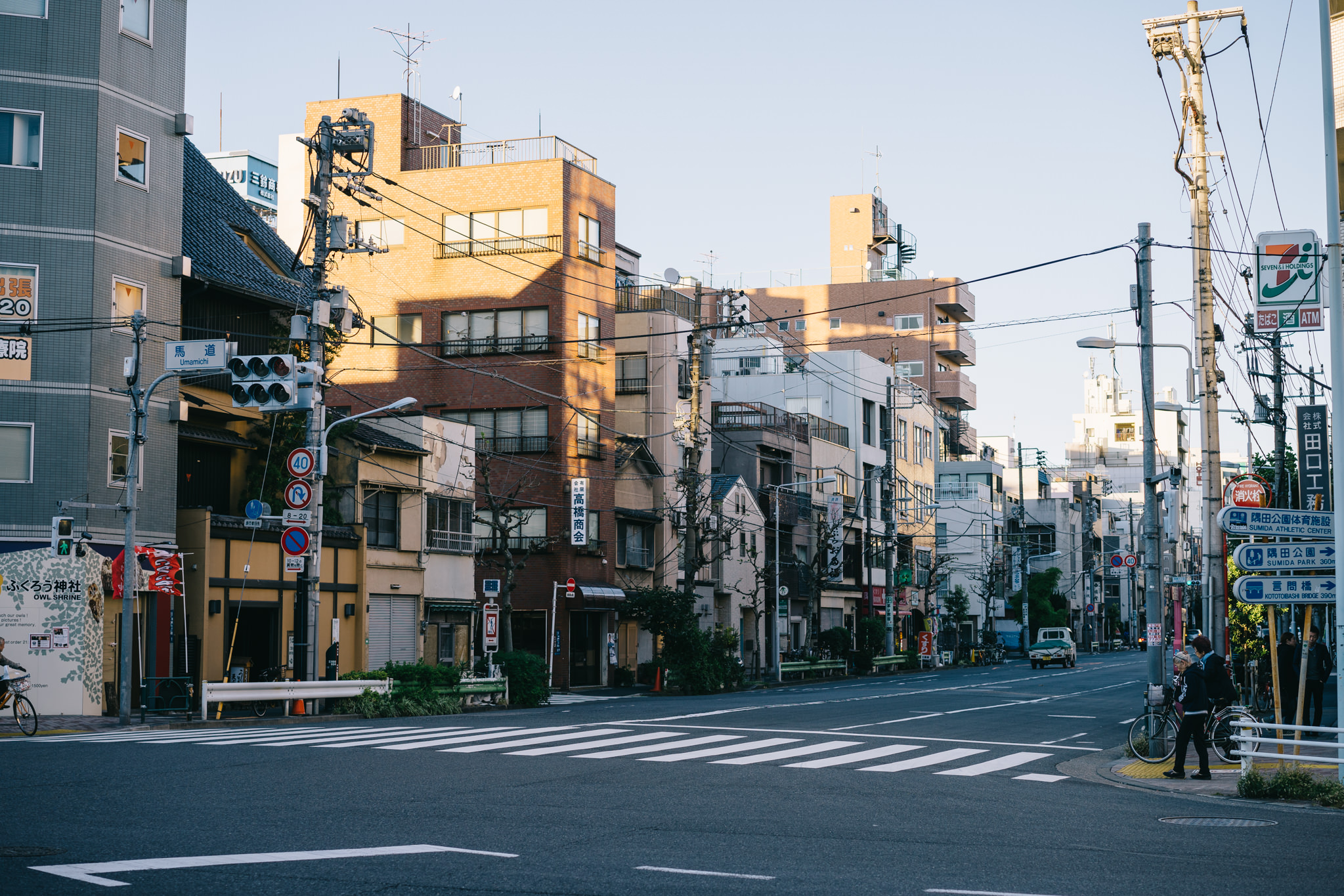 Tokyo street scene with buildings, crosswalk, and pedestrians.