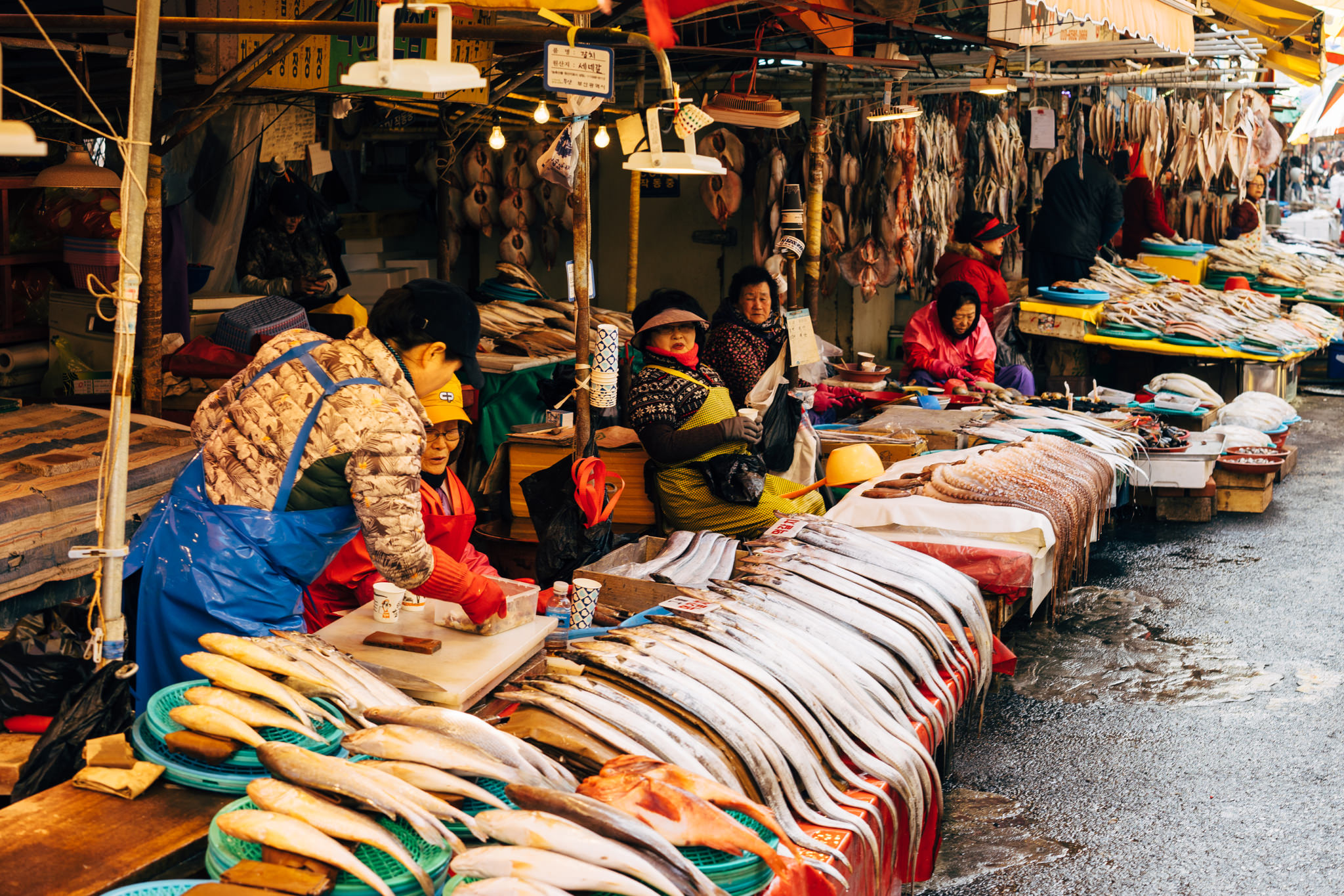 Busan fish market with vendors selling various types of seafood.