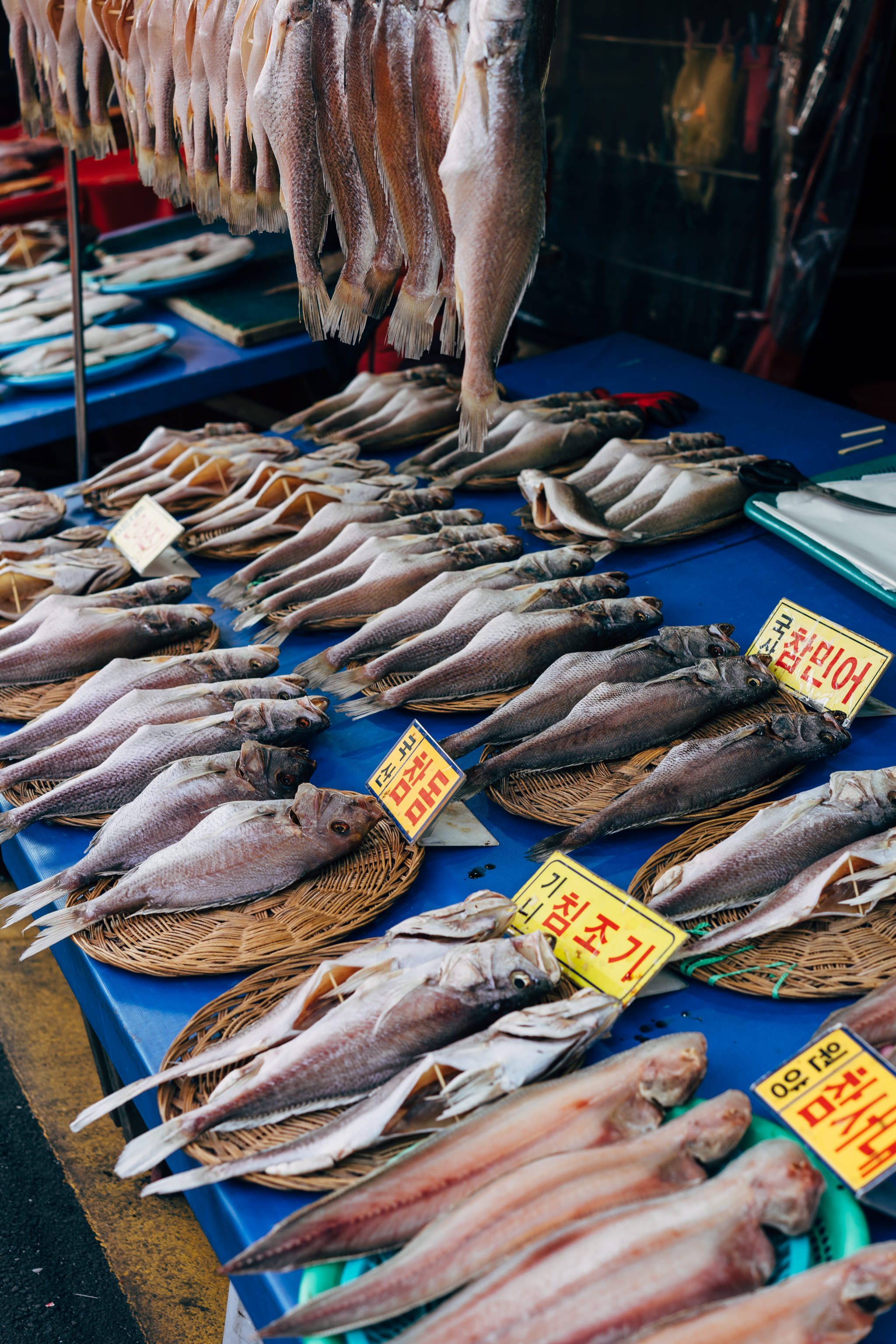 Dried and fresh fish displayed on a blue table at Busan Fish Market.