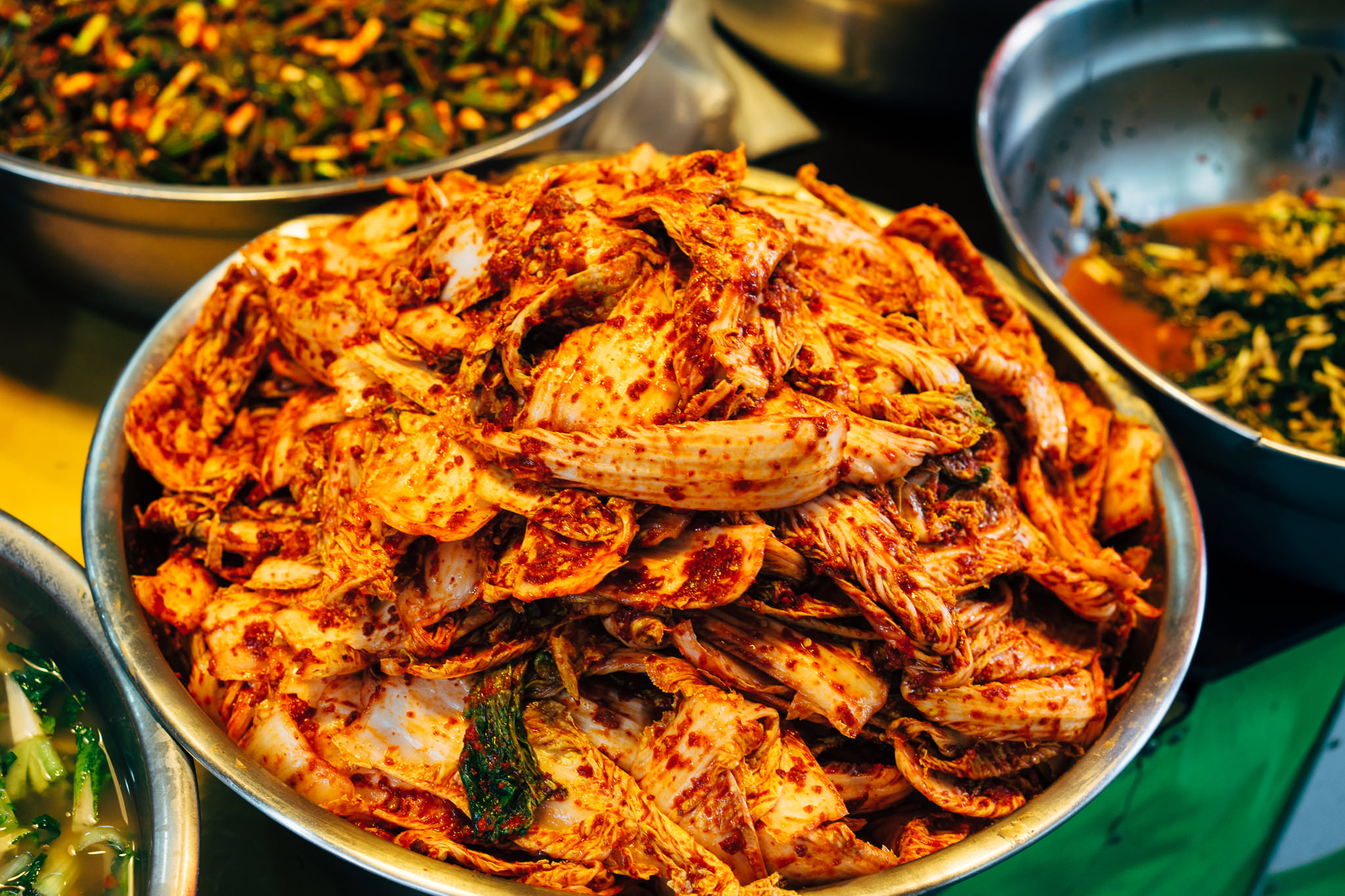Kimchi in a metal bowl at a Busan market.