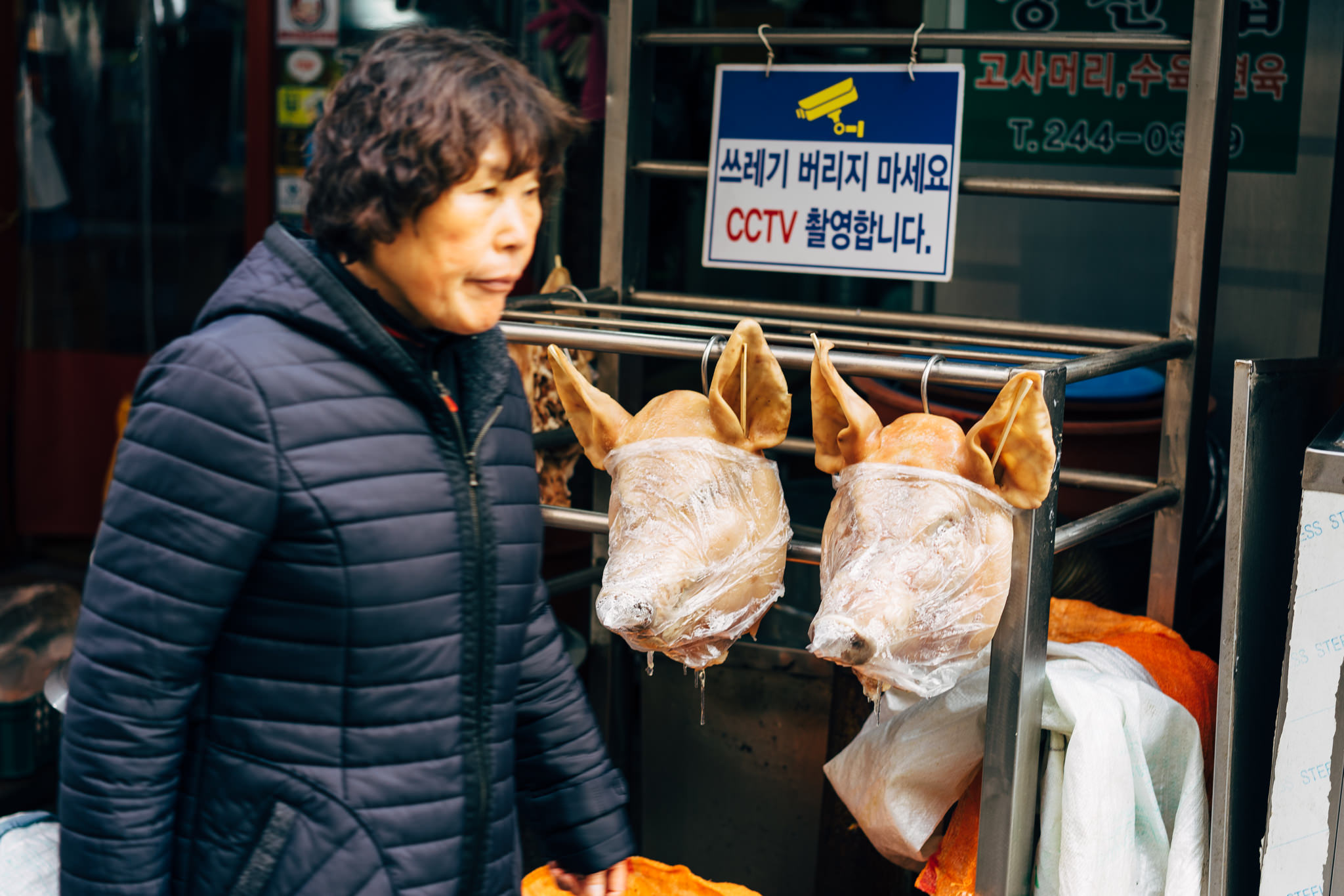 Woman walking past two pig heads hanging in a Busan market.