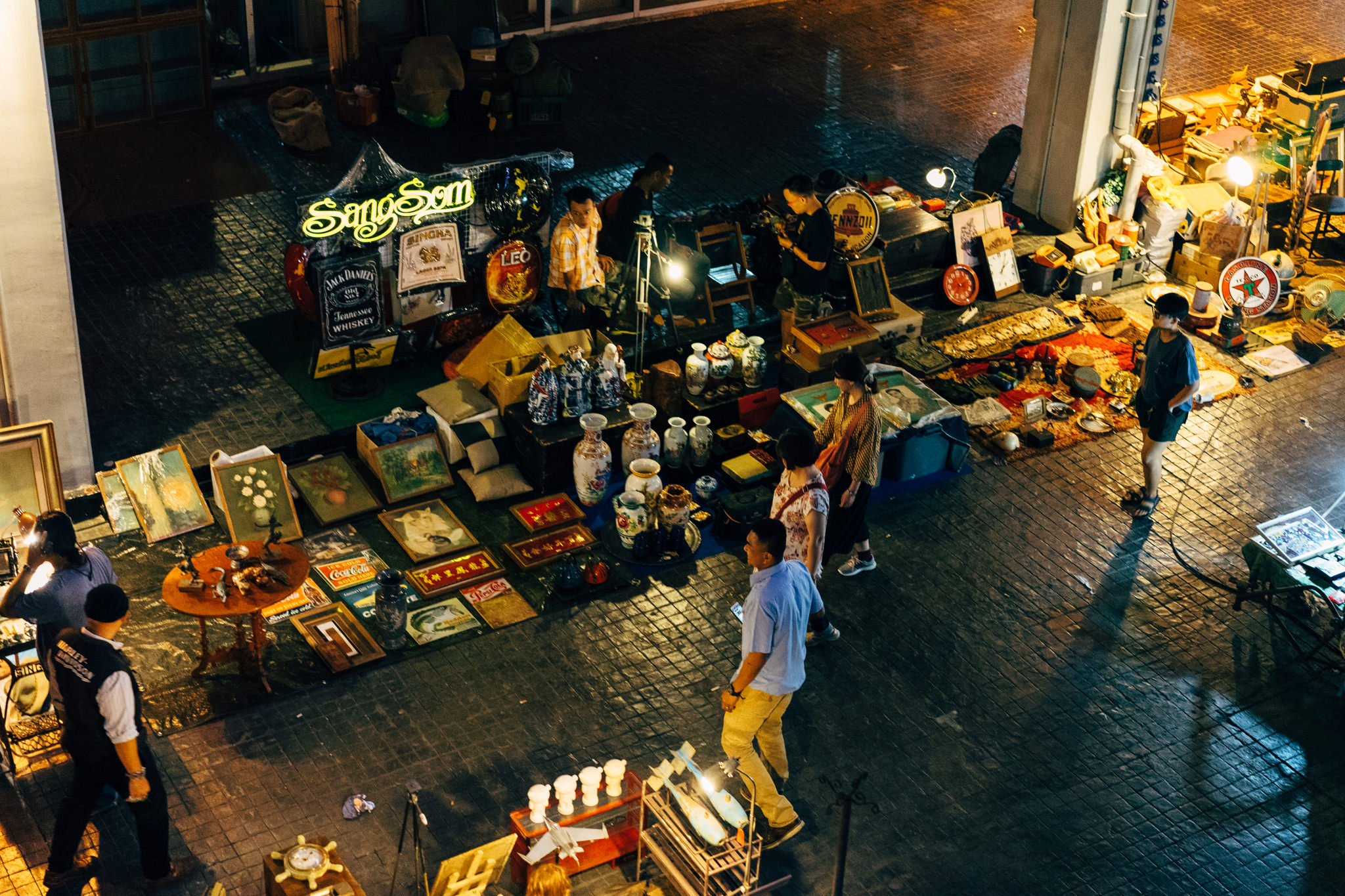 Bangkok night market selling vintage goods.