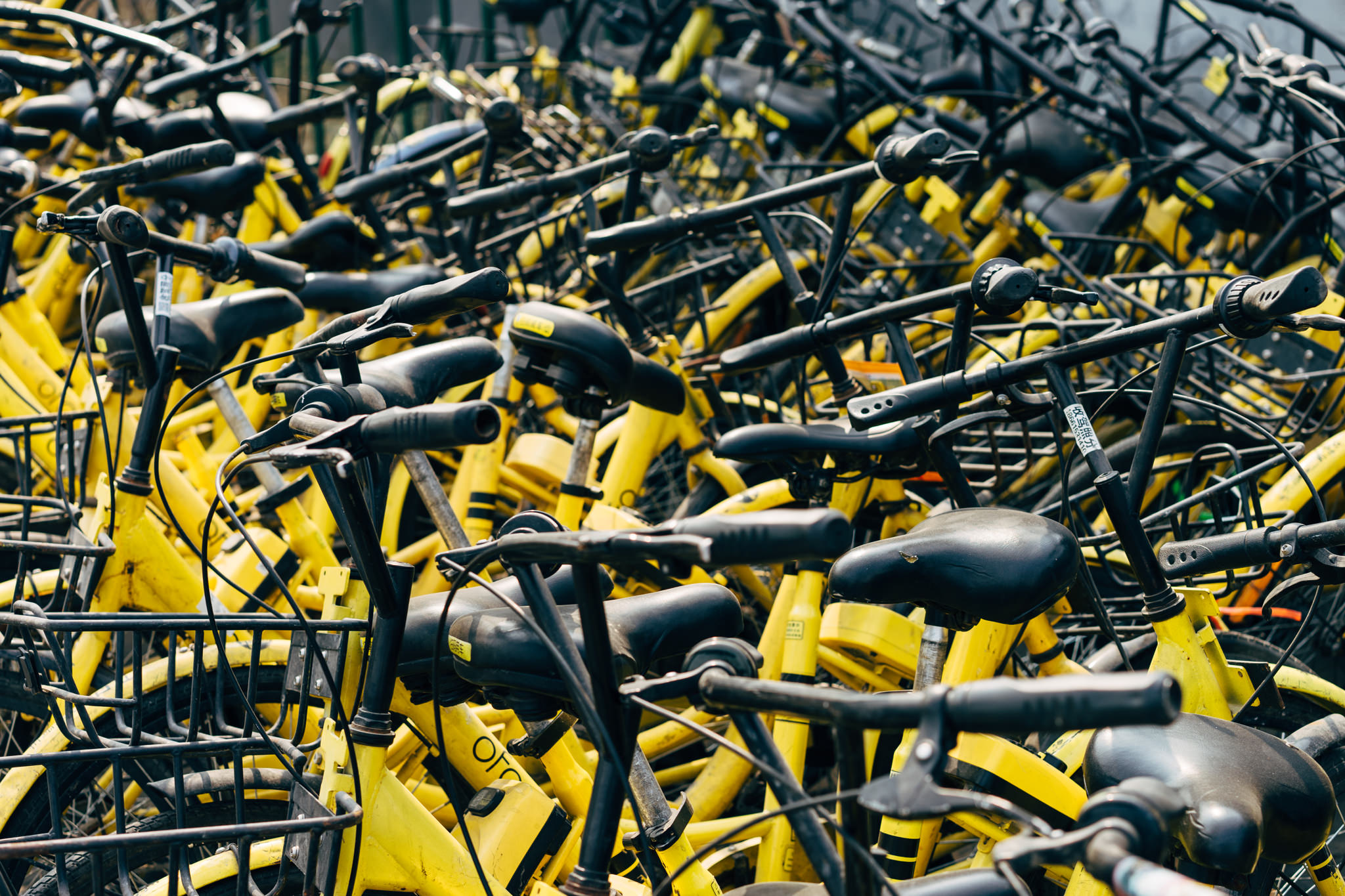 A mass of yellow shared bicycles in China.