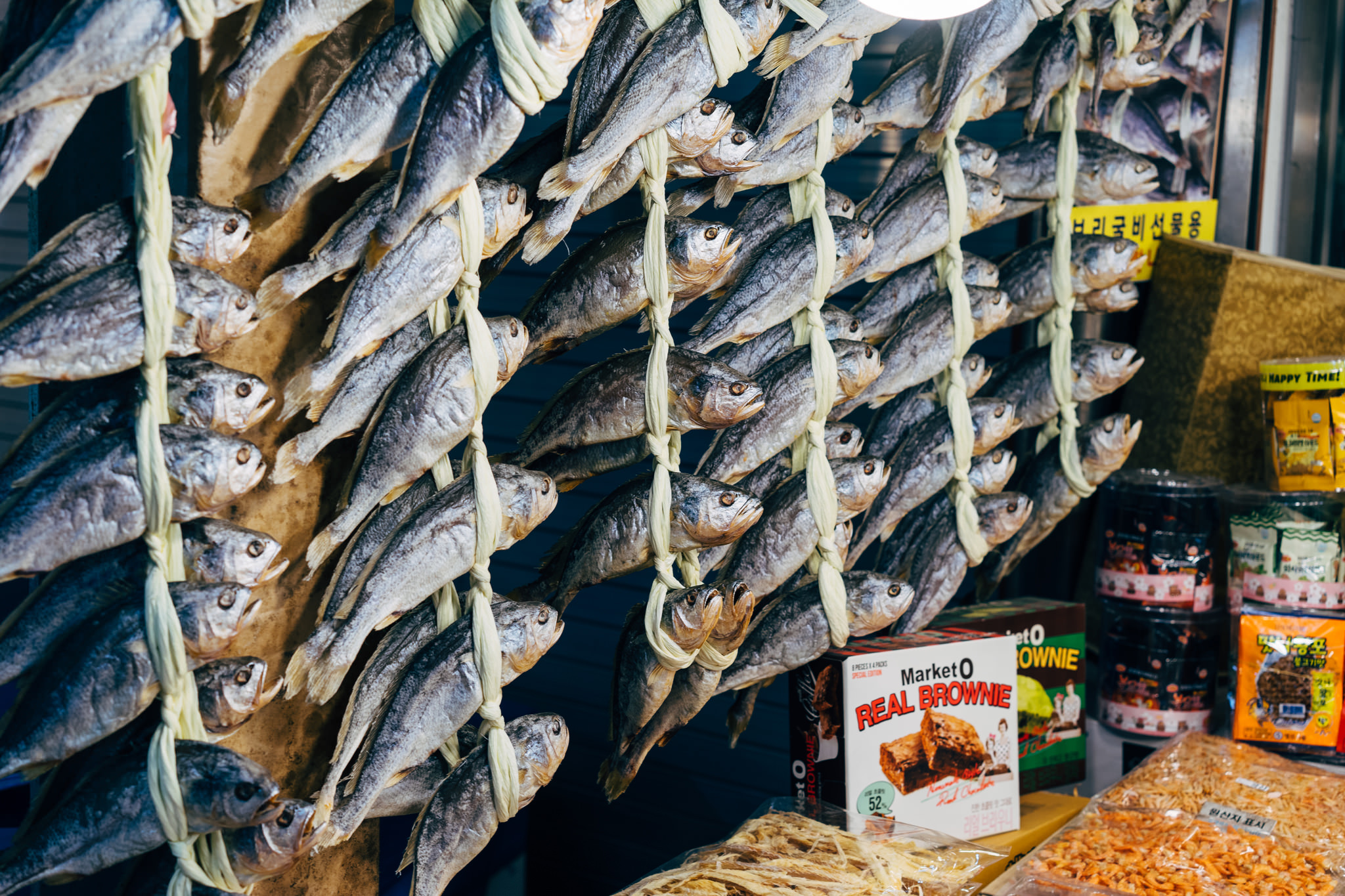 Dried fish hanging in a Korean market.