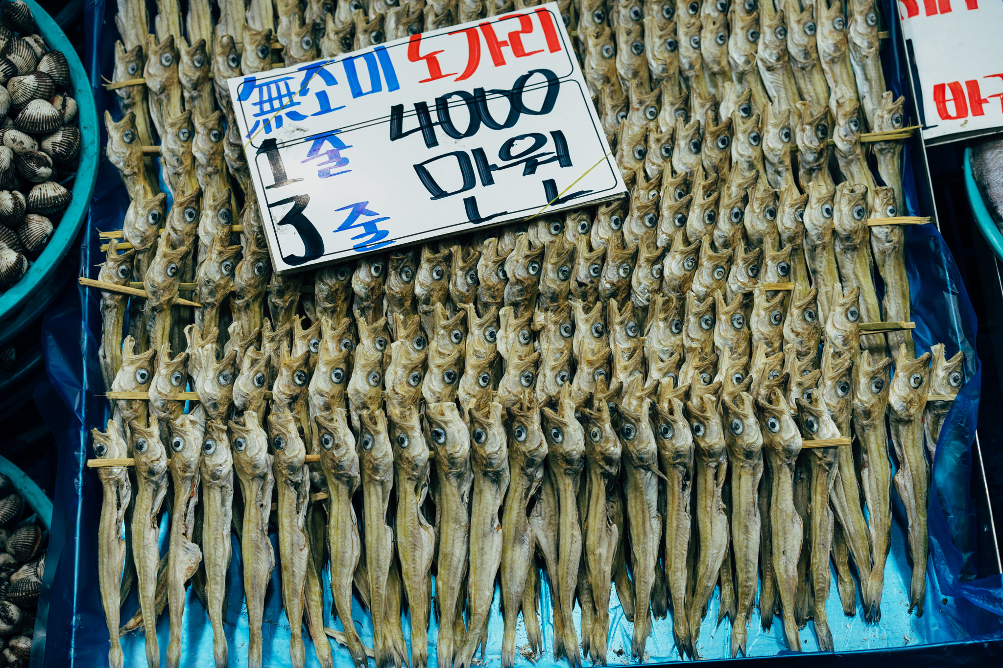 Dried fish on skewers at a Korean market; price sign visible.