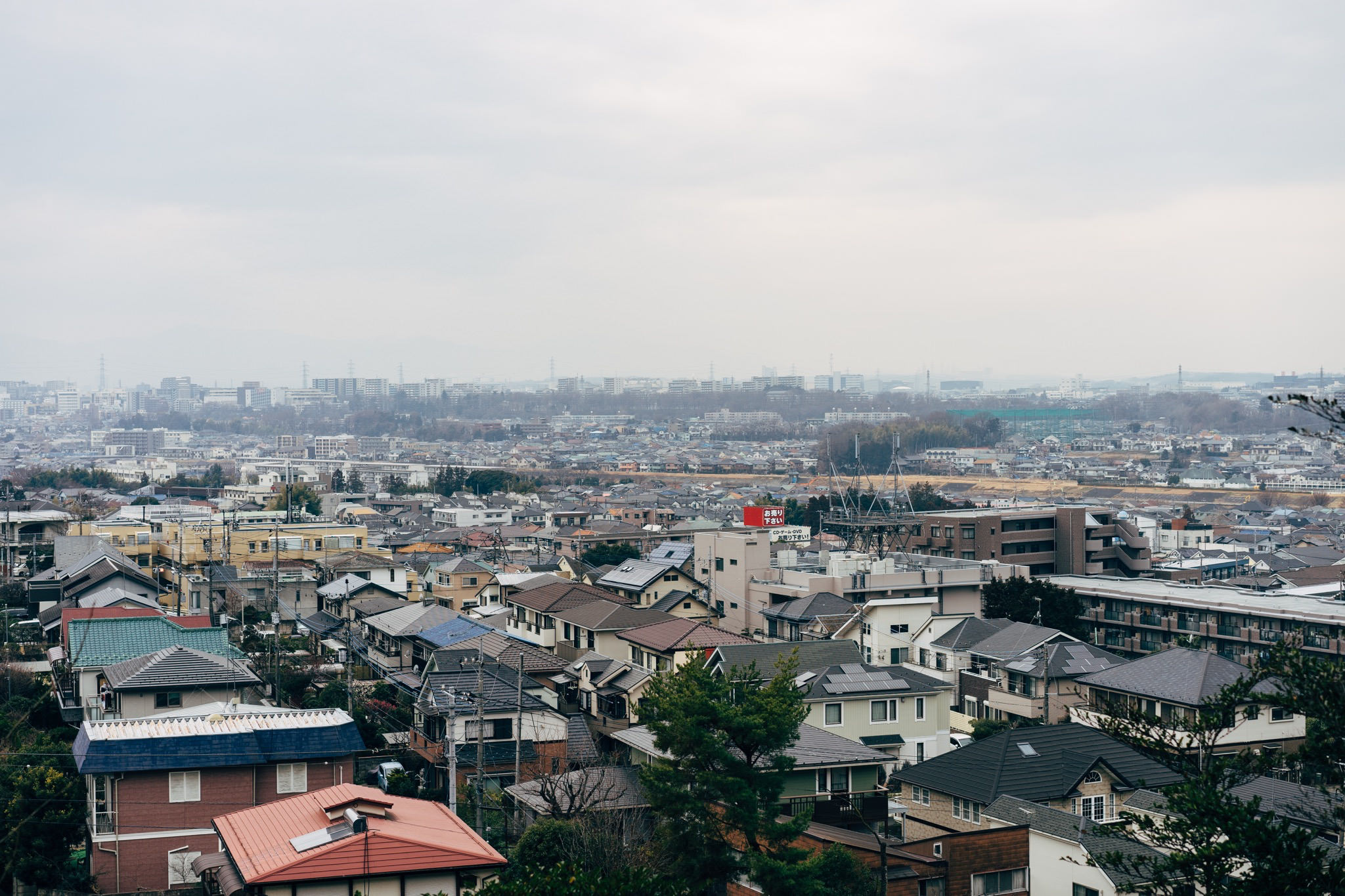 Aerial view of a densely packed residential area in Tokyo on an overcast day.