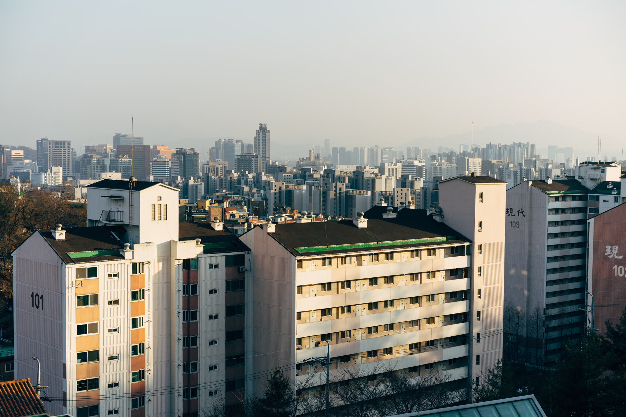 Seoul, South Korea cityscape with apartment buildings.