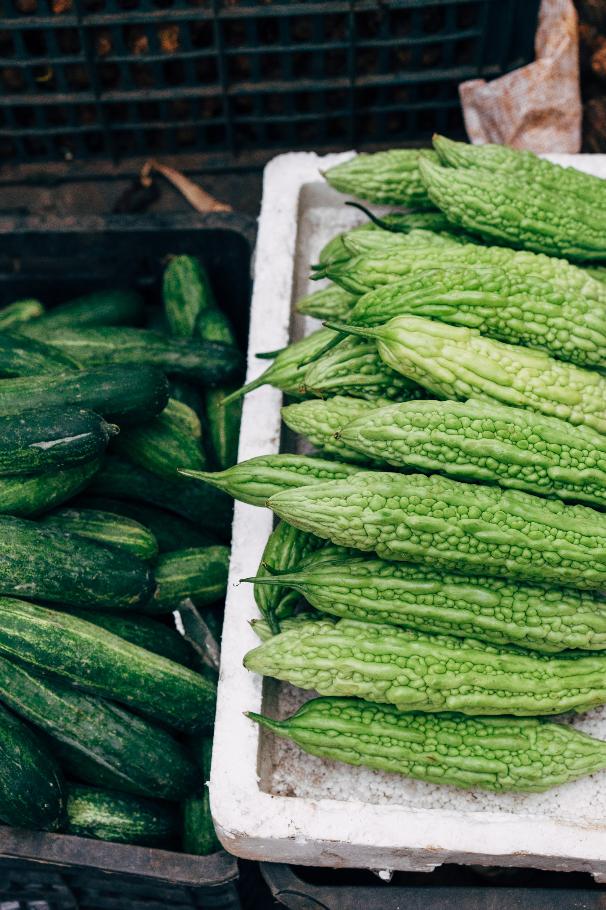 Bitter melons and cucumbers at a market in Vietnam.