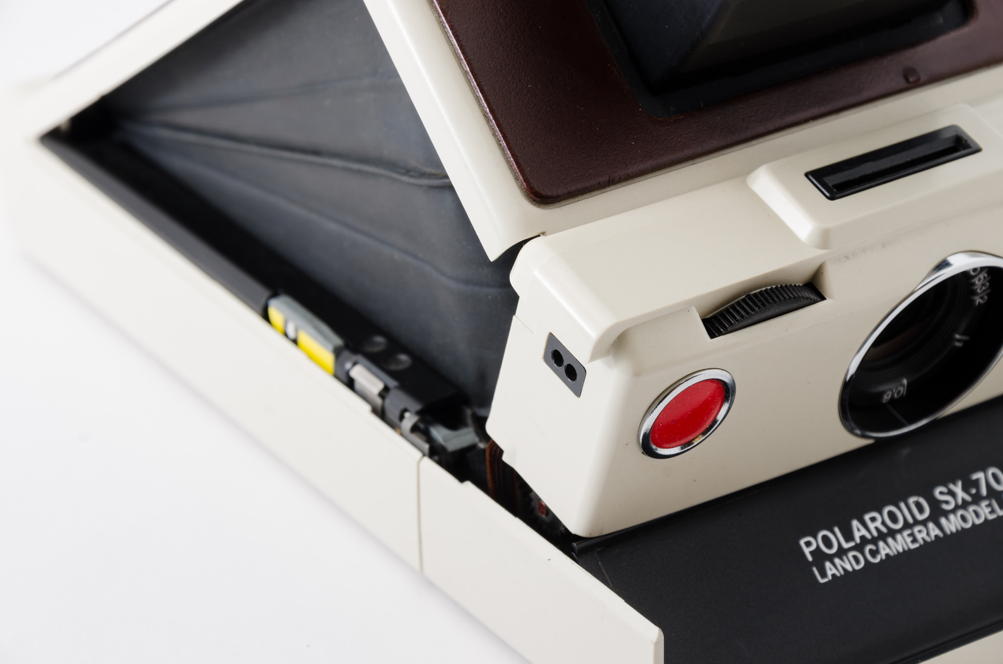 Close-up of a Polaroid SX-70 Land Camera.