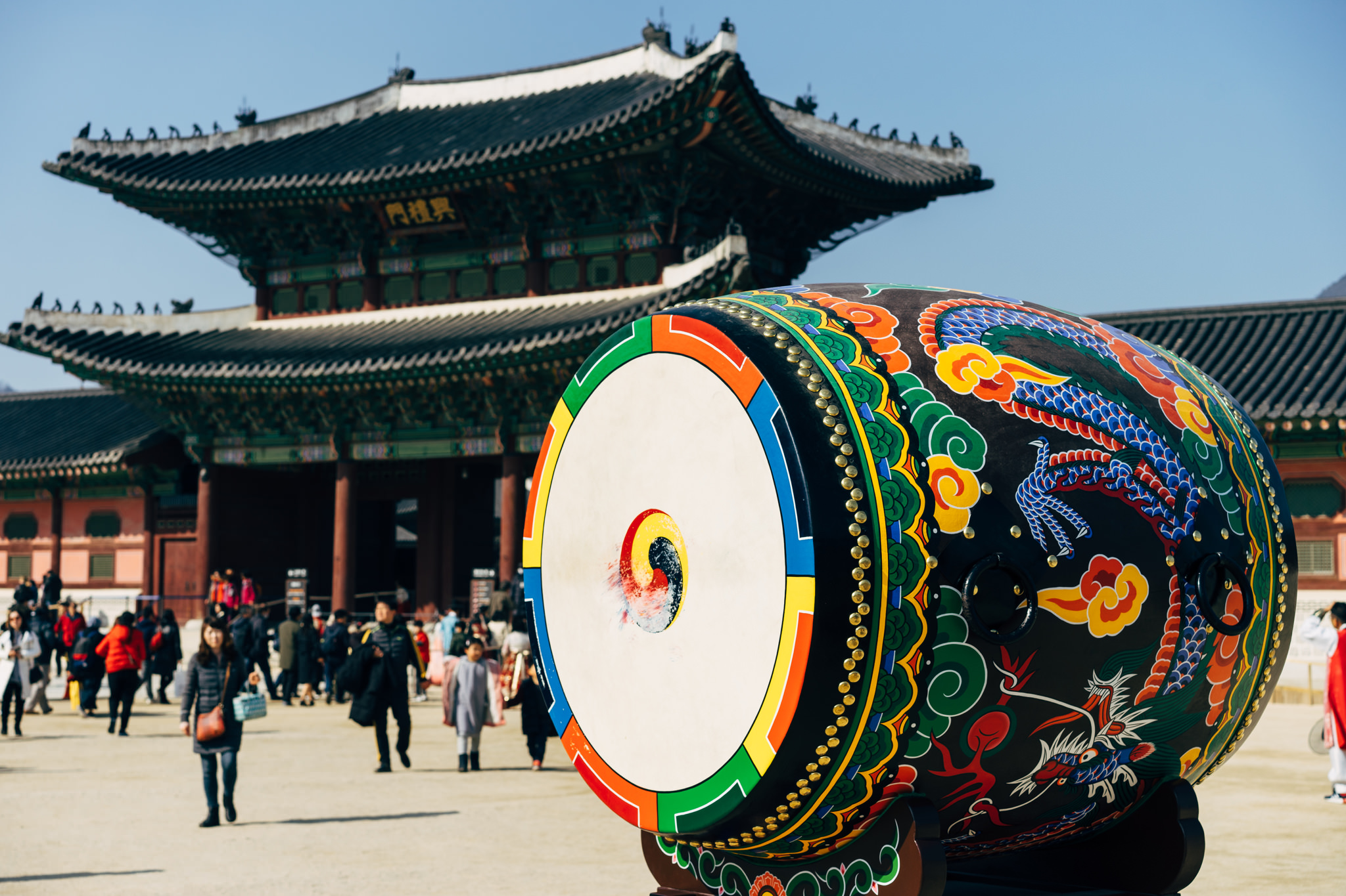 Large, colorful Korean drum in front of Gyeongbokgung Palace.