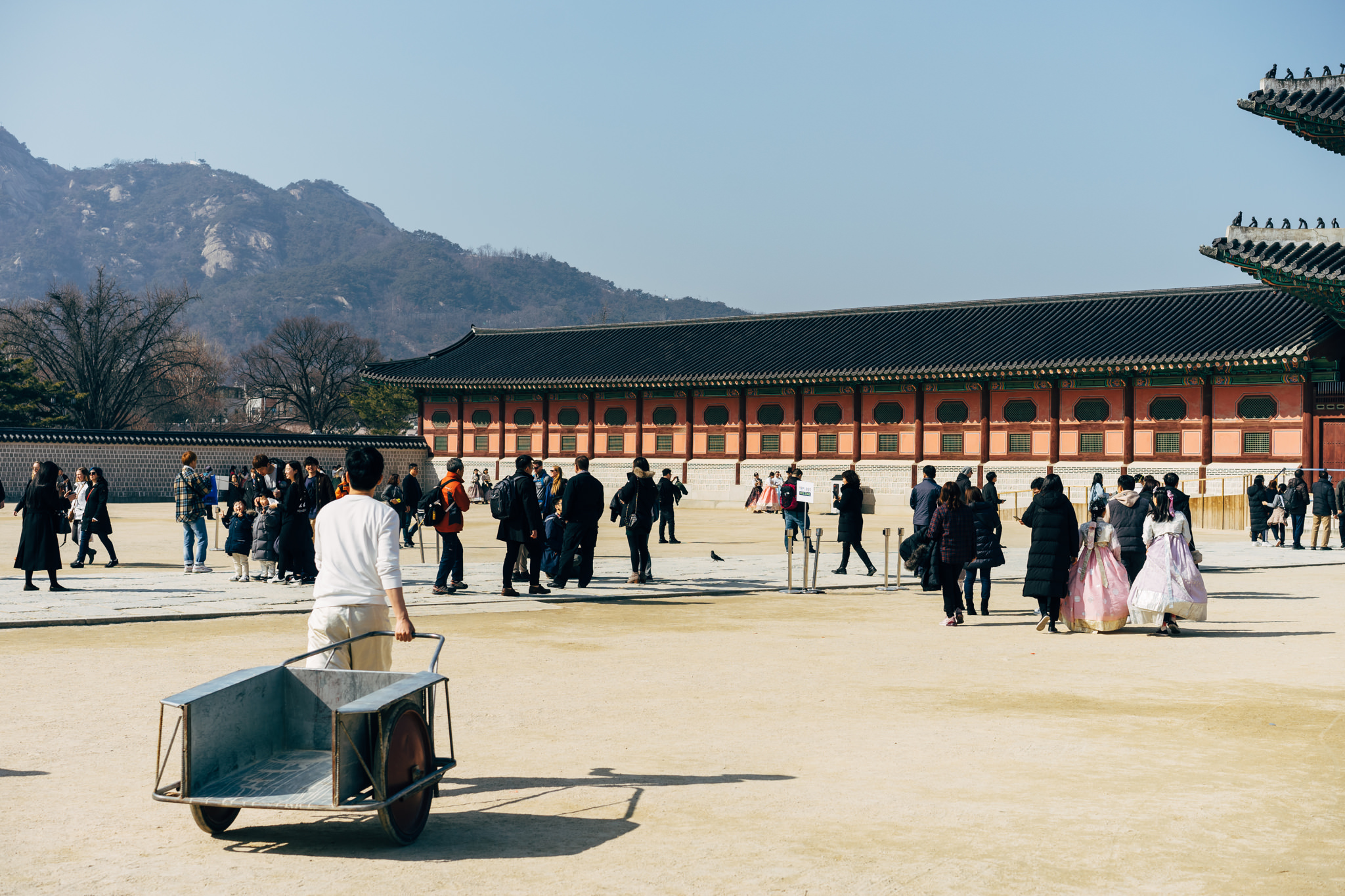Person pushing a handcart in Gyeongbokgung Palace courtyard with many visitors.