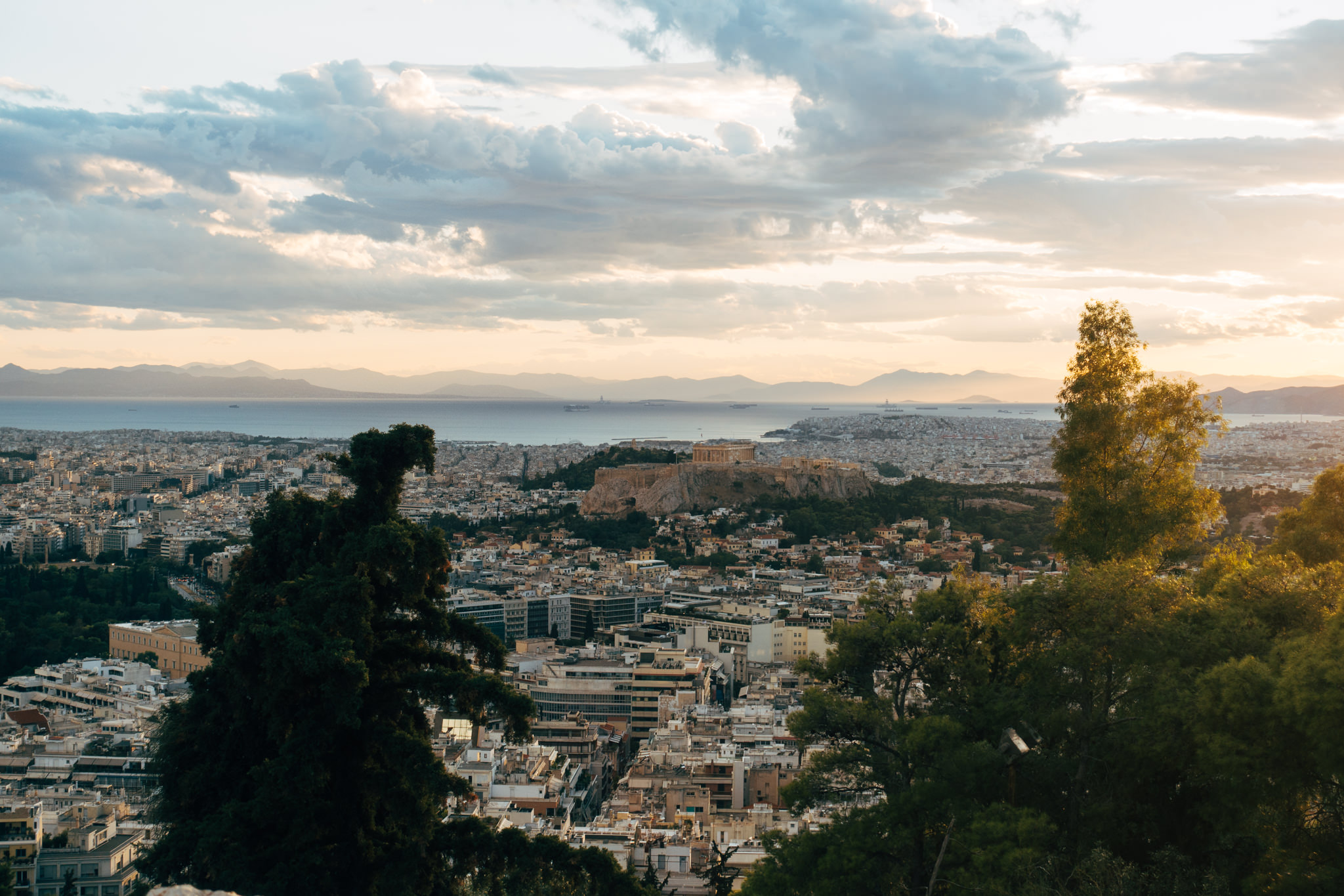 Athens skyline viewed from Mount Lycabettus at sunset.