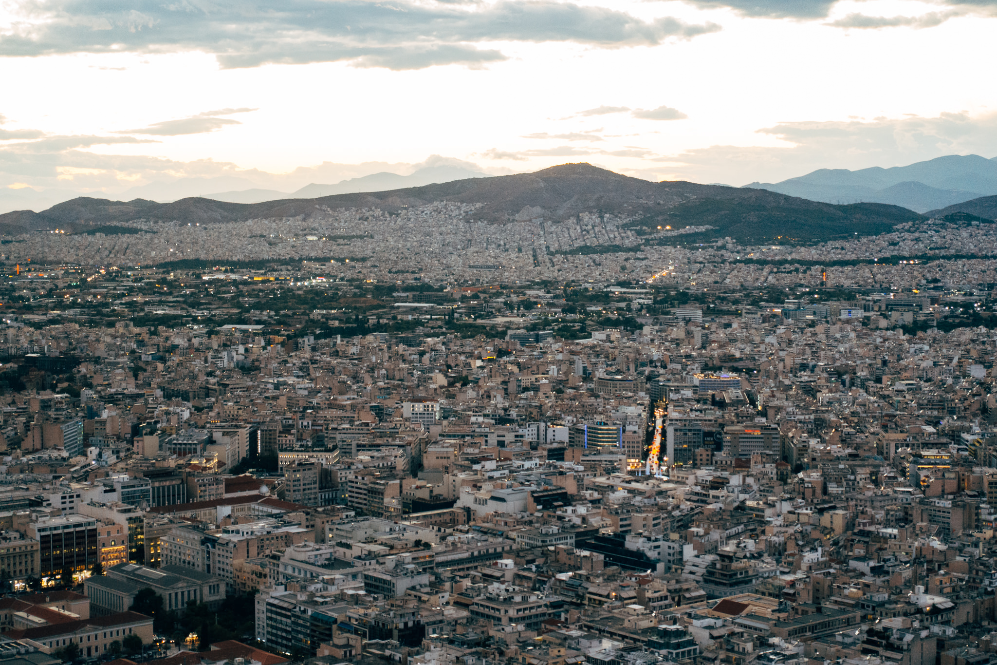 Athens cityscape at dusk, viewed from Mount Lycabettus.