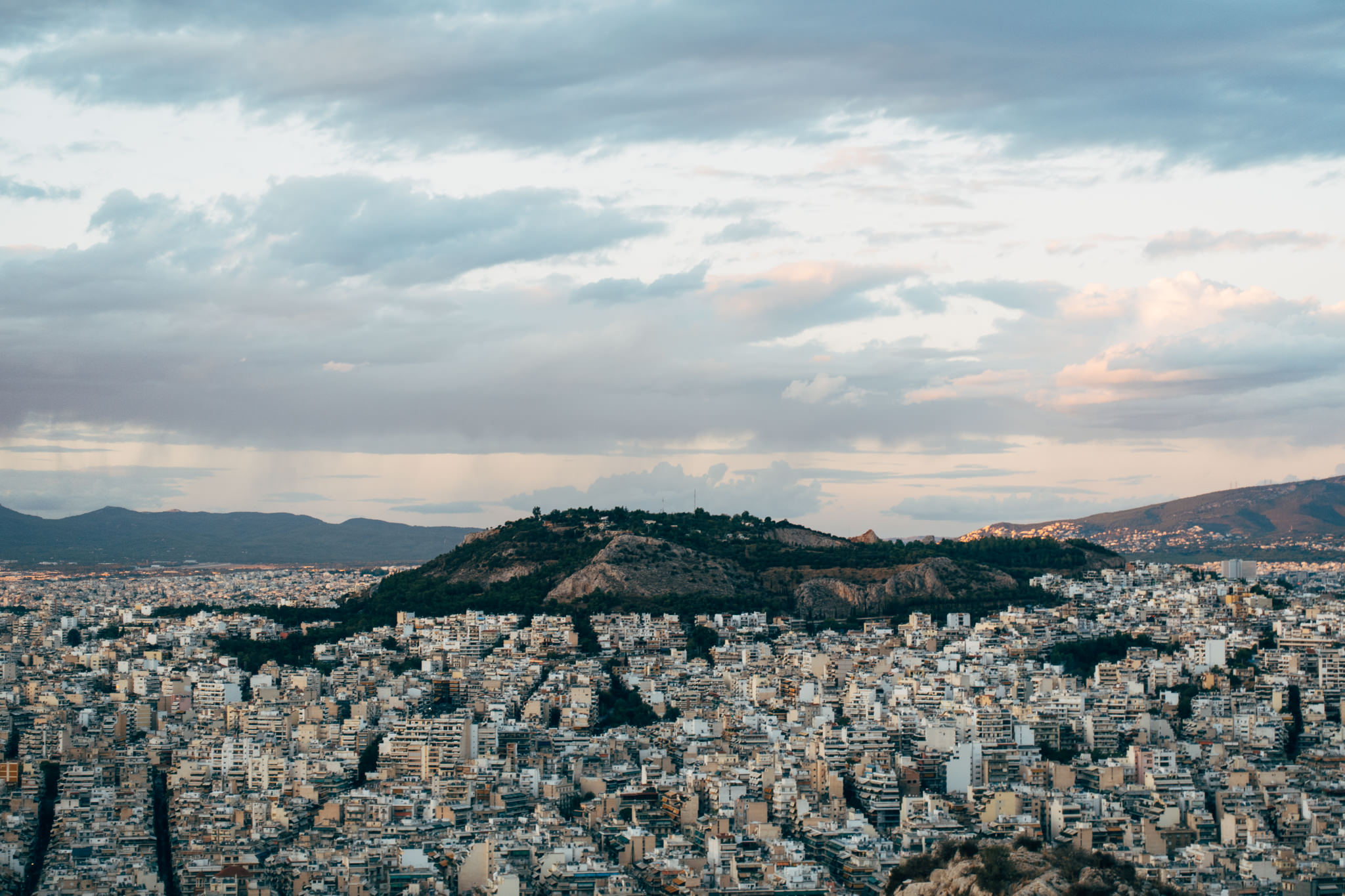 Aerial view of Mount Lycabettus overlooking Athens, Greece.