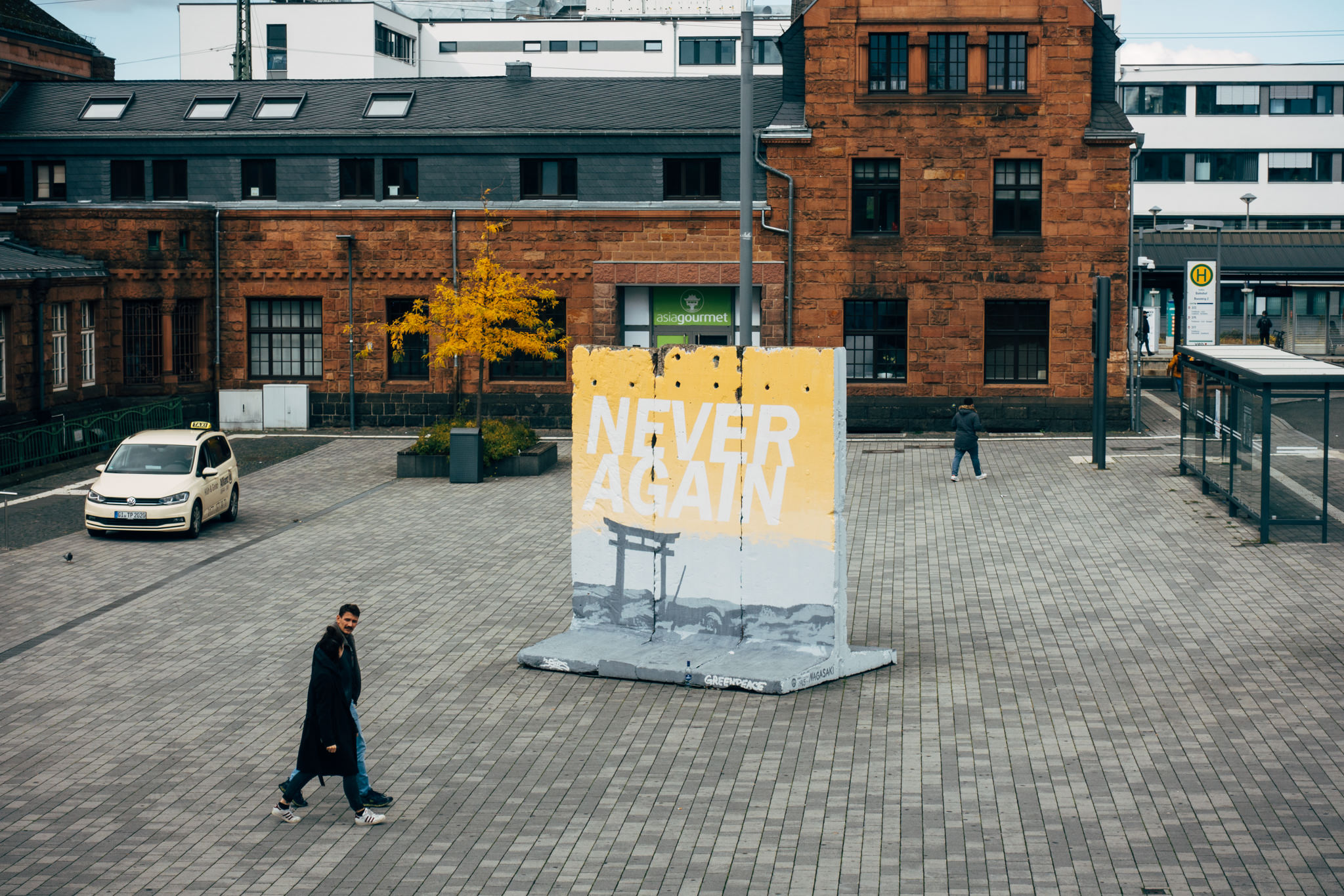 Berlin Wall remnant with 'Never Again' graffiti in Giessen, Germany.