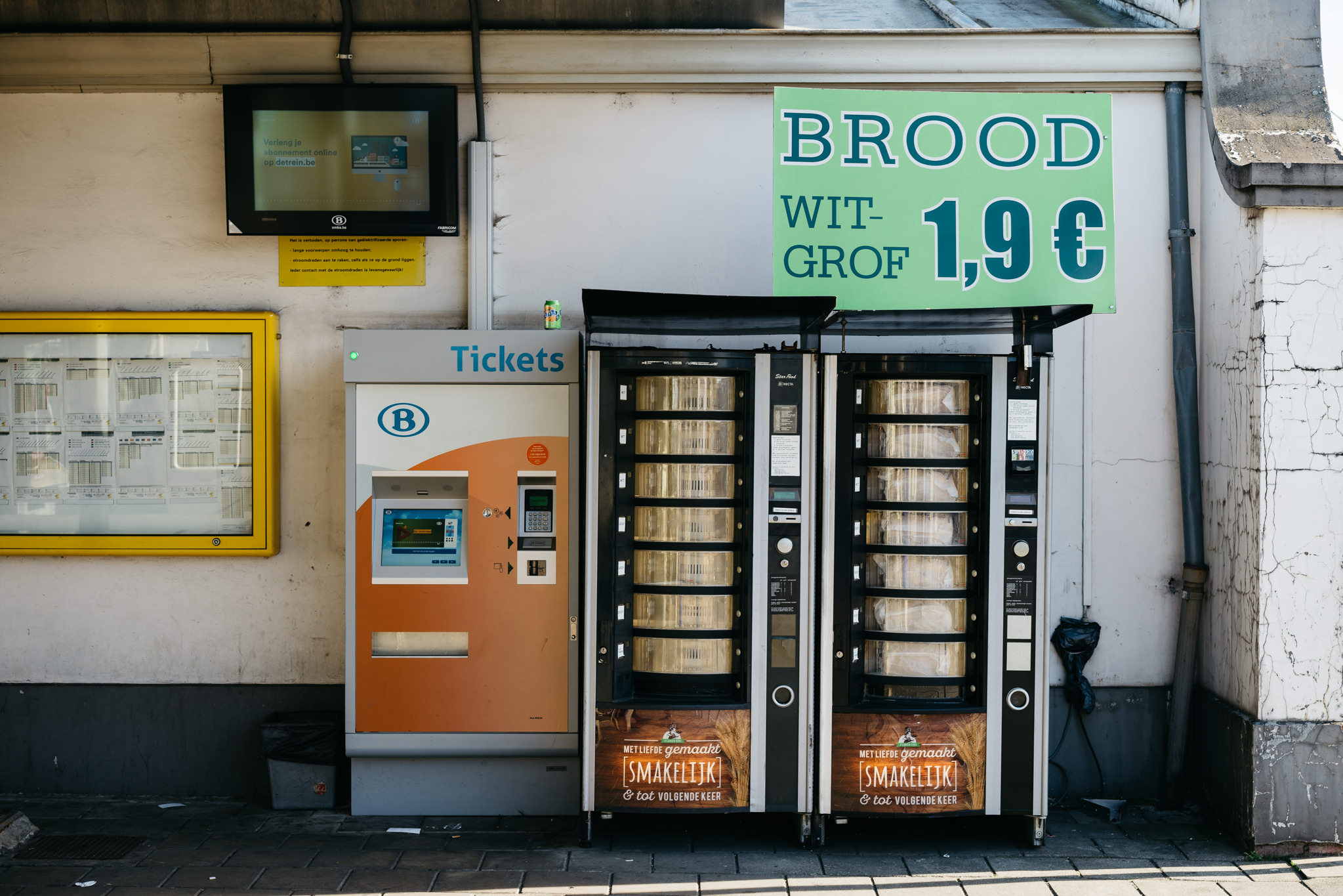Two bread vending machines in Belgium, showing bread for €1.90.