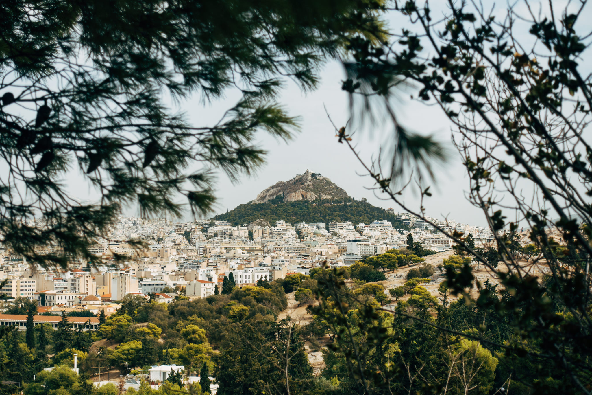 View of Filopappou Hill and Athens cityscape through tree branches.
