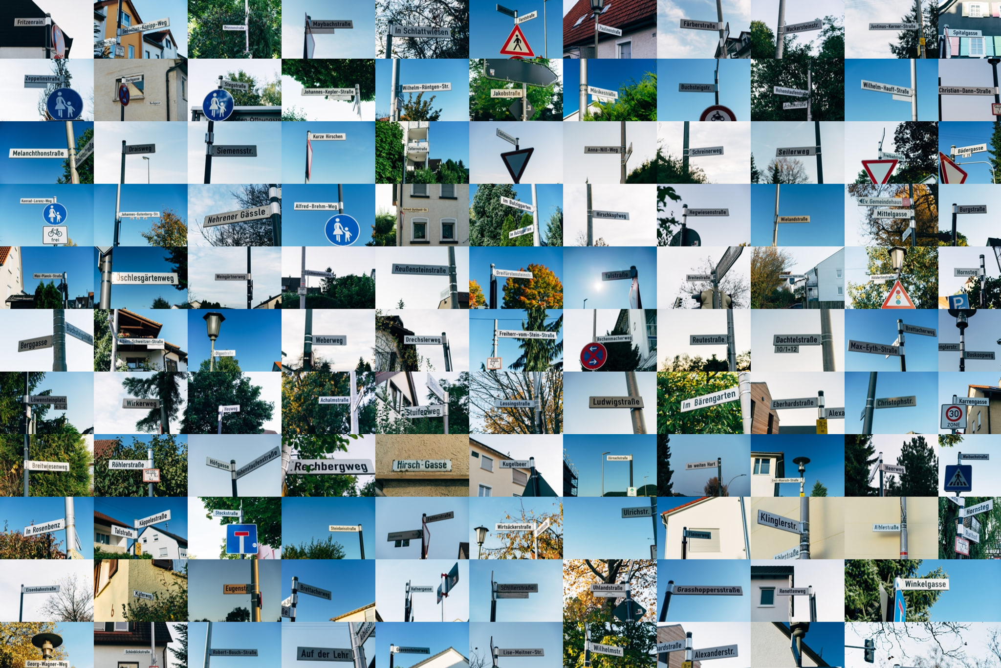 Collage of street signs in Moessingen, Germany.