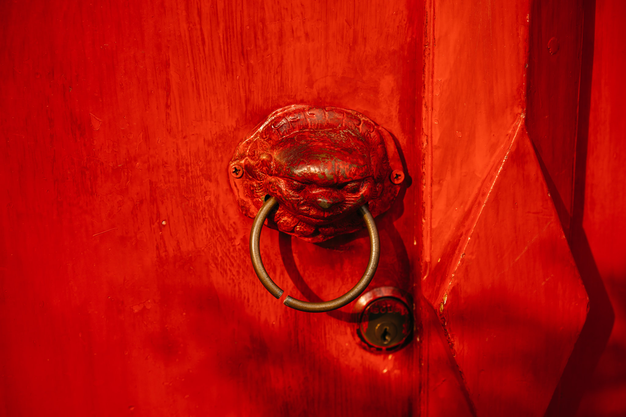 Red door with ornate lion-head door knocker.