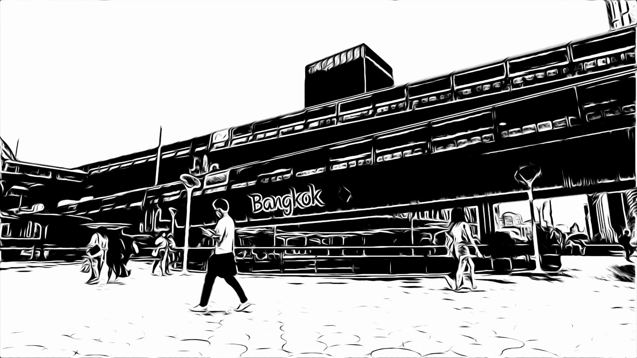 Black and white illustration of Bangkok lettering on a building with people walking by.