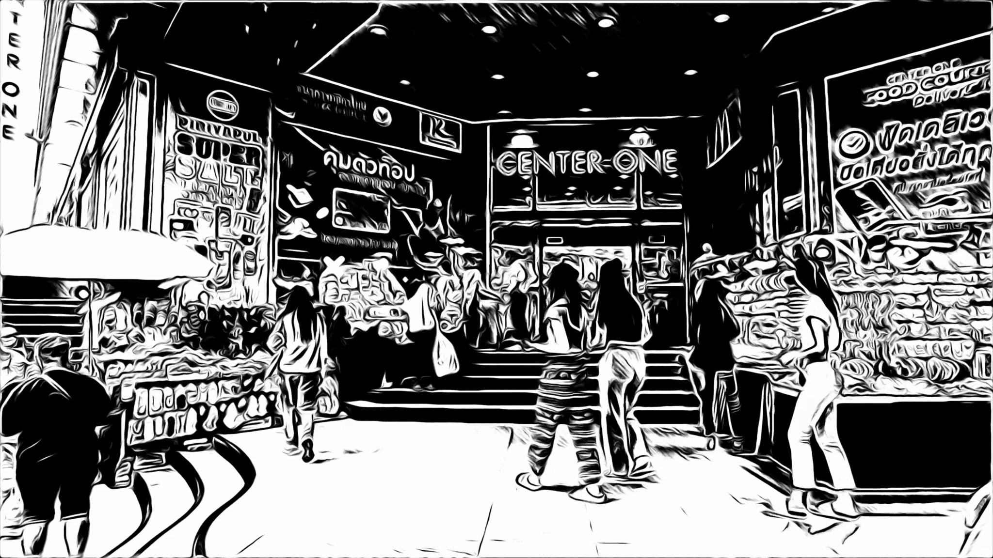 Black and white stylized illustration of Center-One in Bangkok.