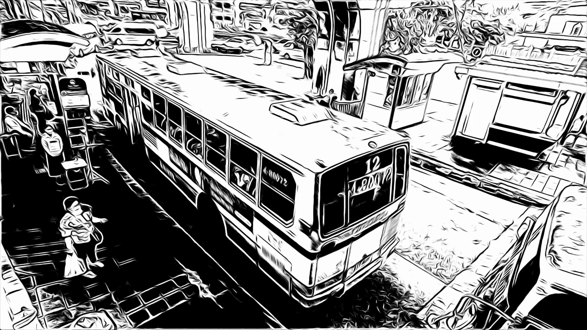 Black and white sketch of bus number 12 at a bus stop.