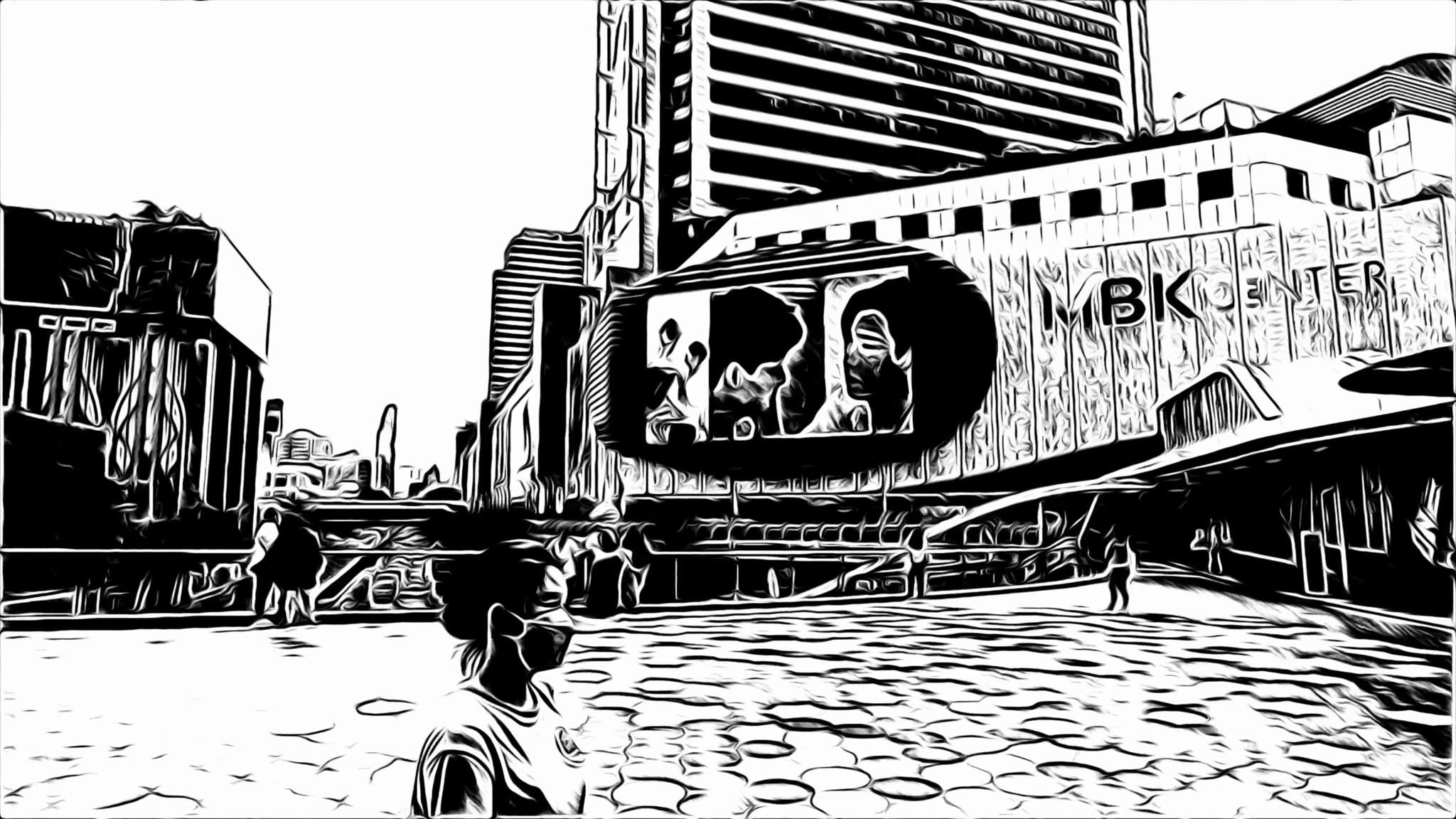 MBK Center Bangkok, stylized black and white illustration.